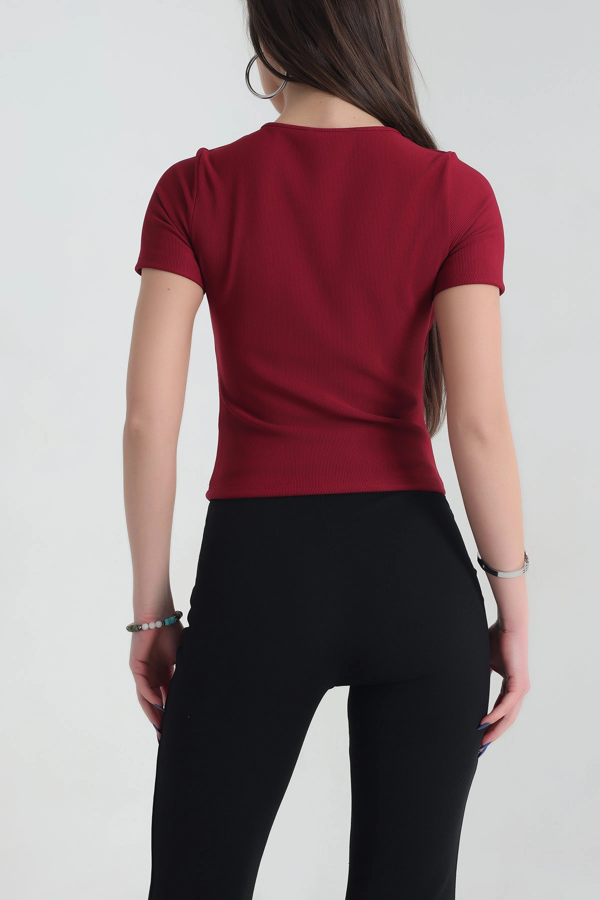 Bordo V Yaka Detay Likralı Ottoman Bluz 337526