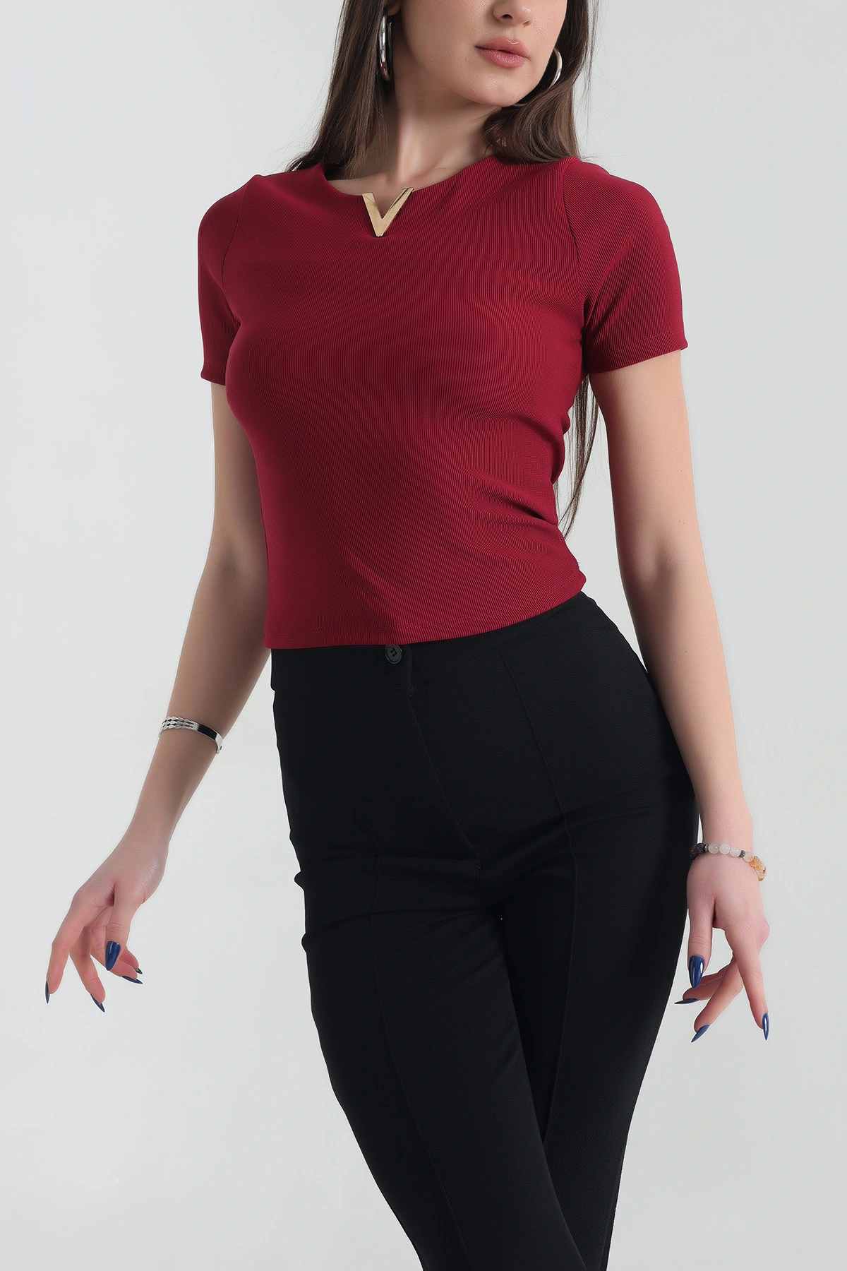 Bordo V Yaka Detay Likralı Ottoman Bluz 337526