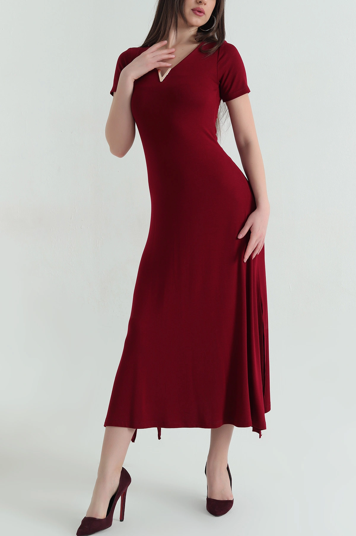 Bordo V Yaka Detay Likralı Ribana Kadın Elbise 359539