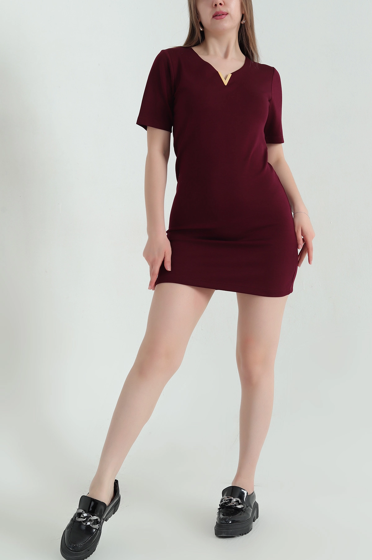 Bordo V Yaka Detaylı Modal Kadın Elbise 347756