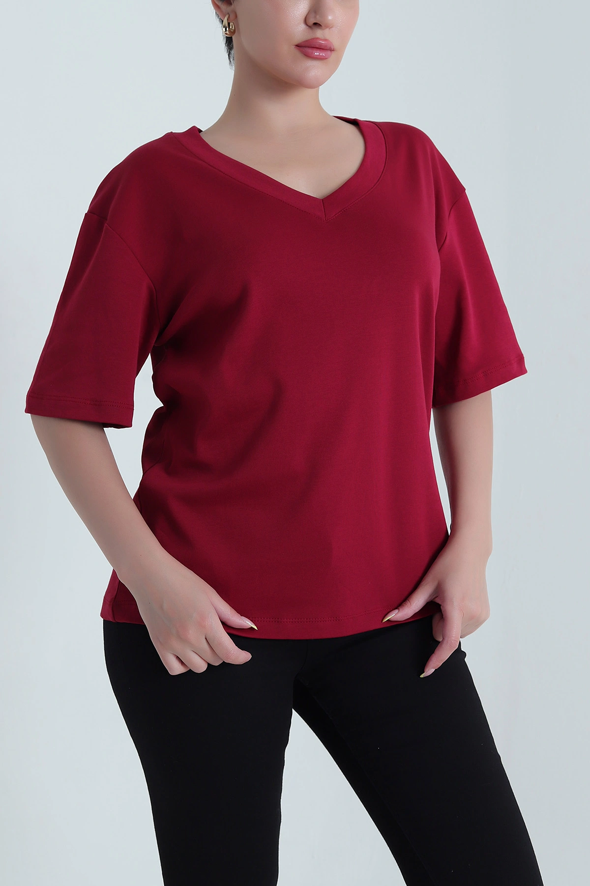 Bordo V Yaka İnterlok Relax Kadın Tişört 468341
