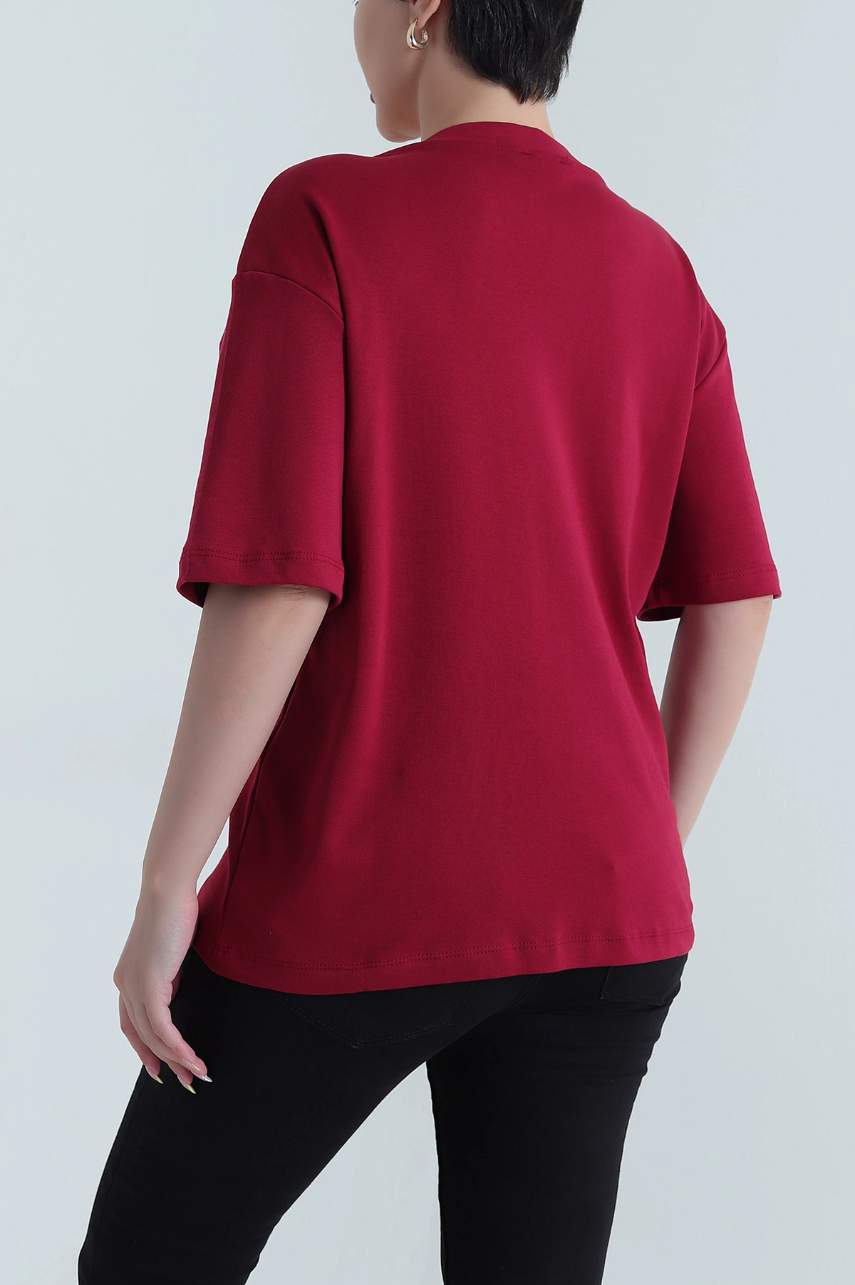 Bordo V Yaka İnterlok Relax Kadın Tişört 468341