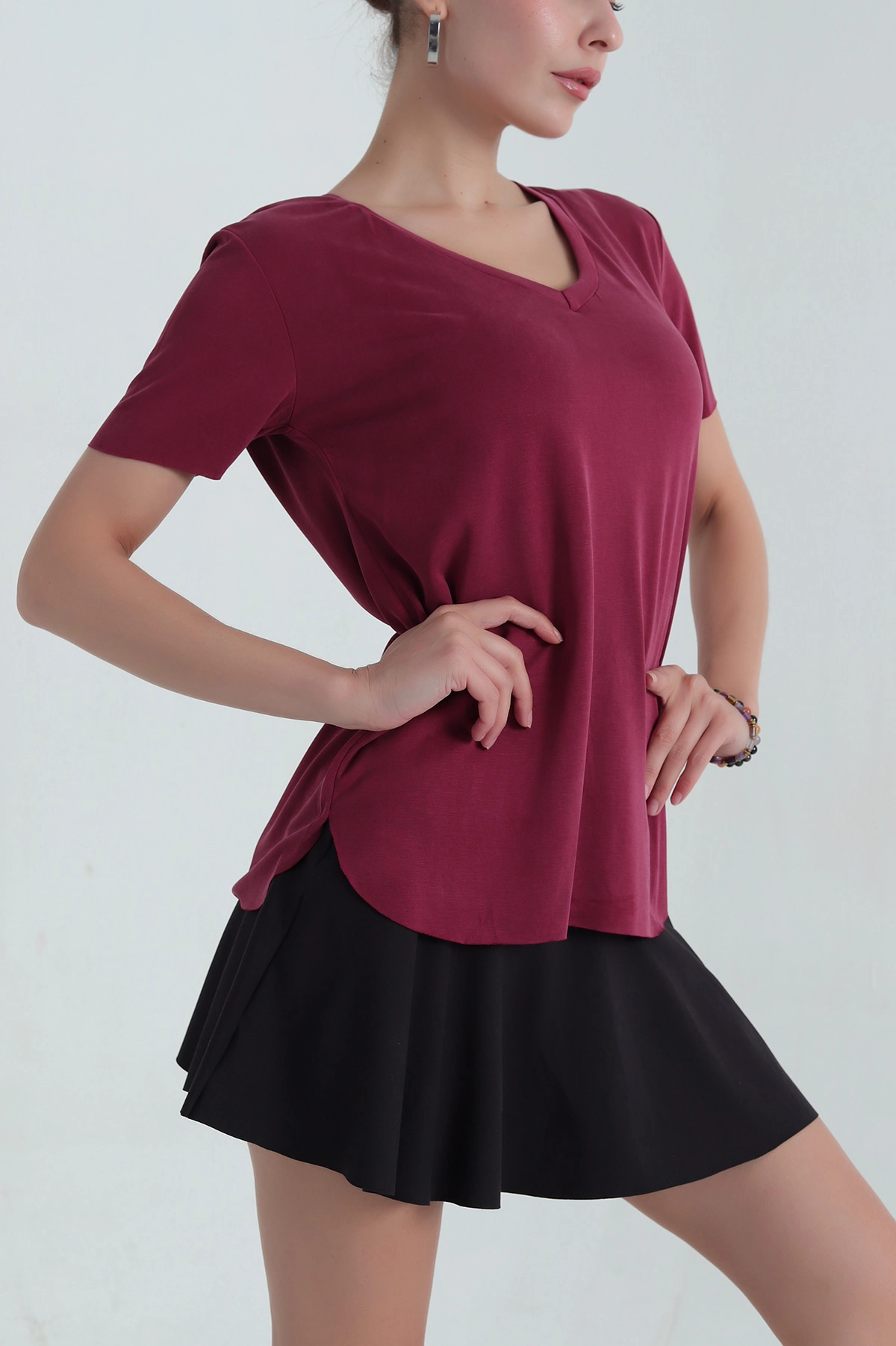 Bordo V Yaka modal Kadın Tişört 381276