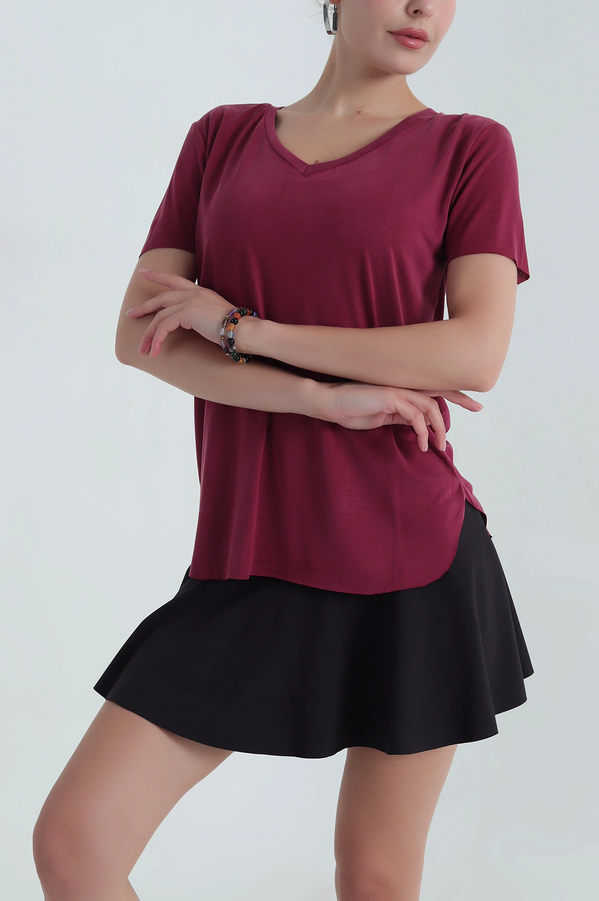 Bordo V Yaka modal Kadın Tişört 381276