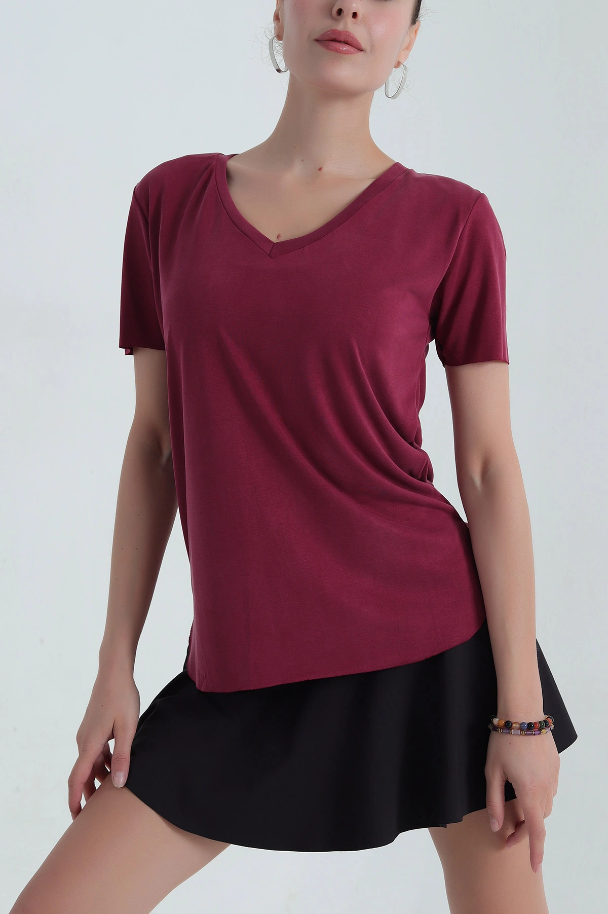 Bordo V Yaka modal Kadın Tişört 381276