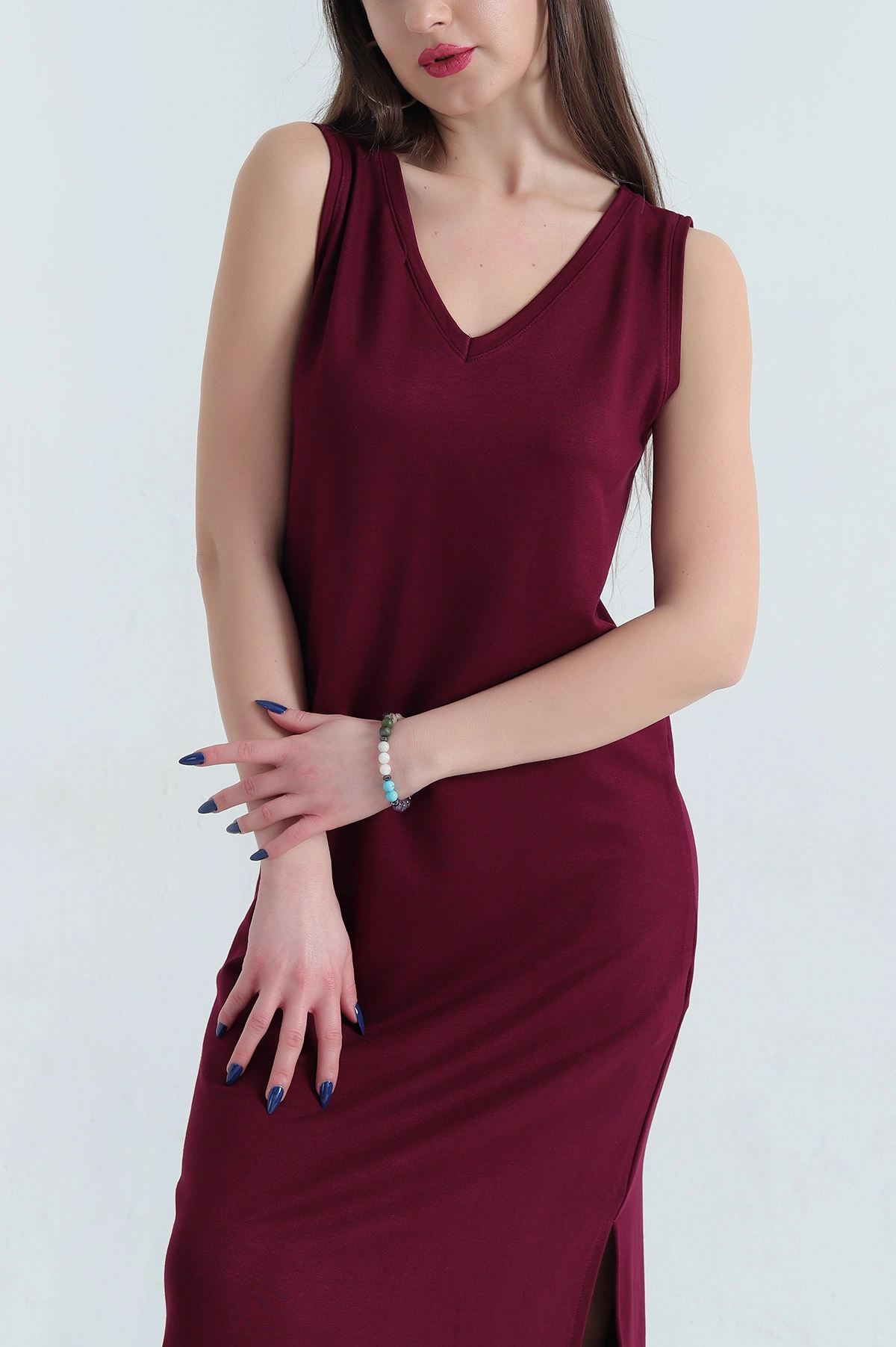 Bordo V Yaka Kristal Elbise 337761