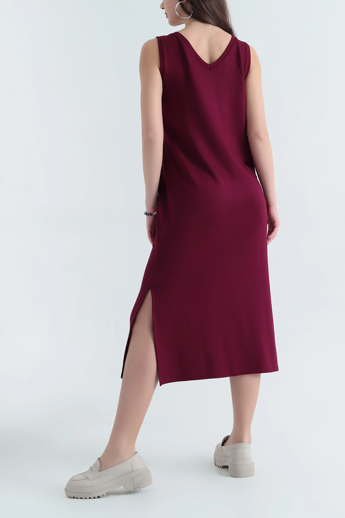Bordo V Yaka Kristal Elbise 337761
