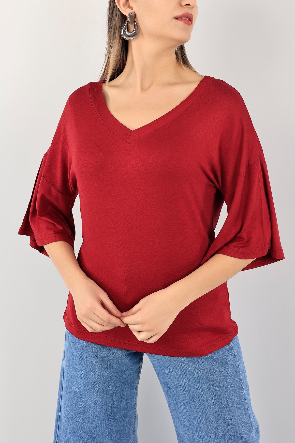Bordo V Yaka Likralı Bluz 110502