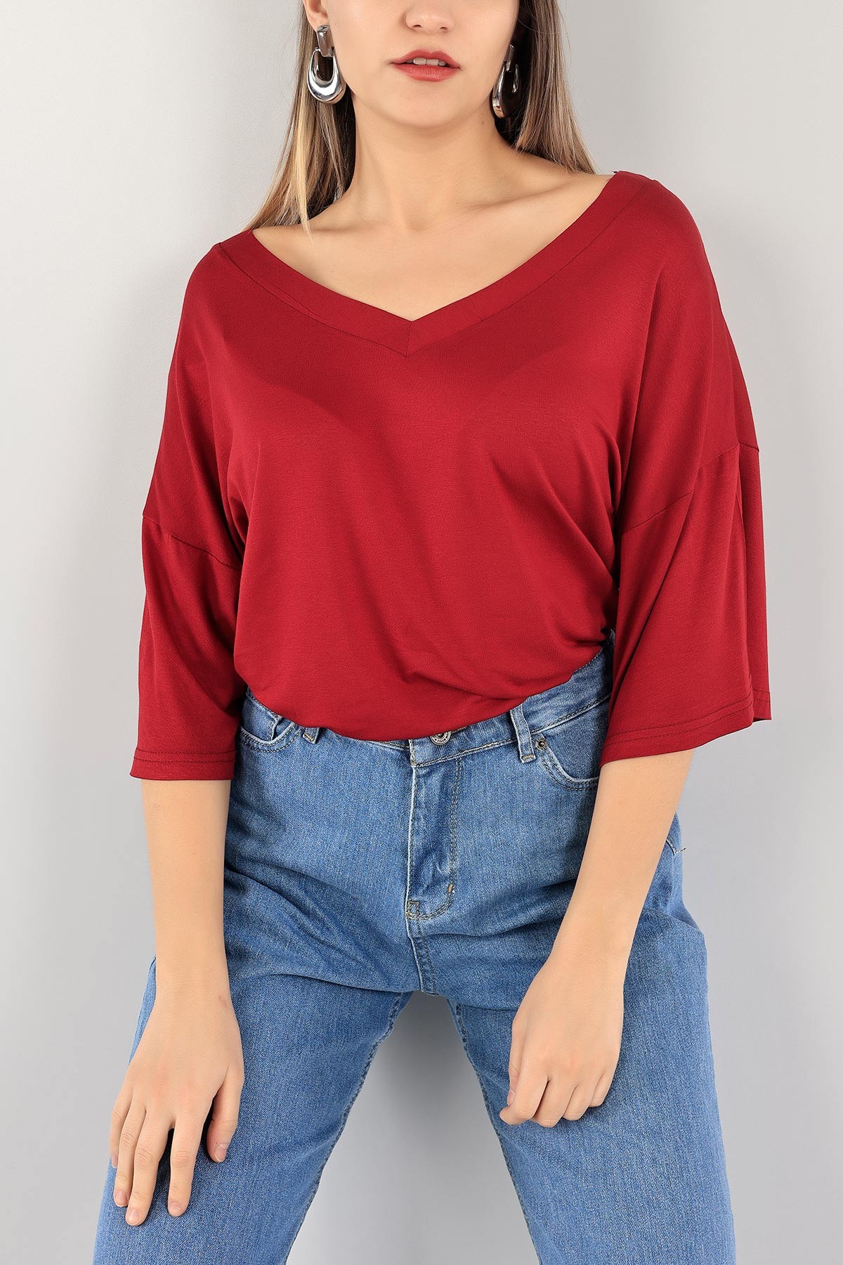 Bordo V Yaka Likralı Bluz 110502