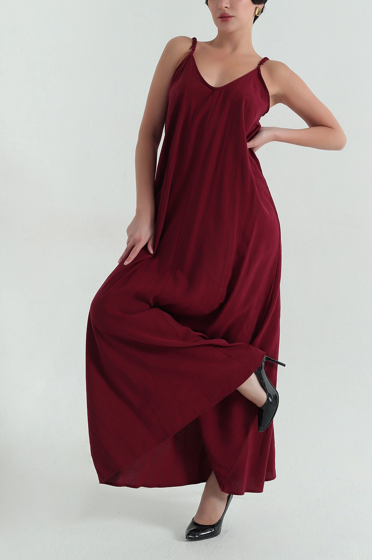 Bordo V Yaka Modal Kadın Elbise 362079