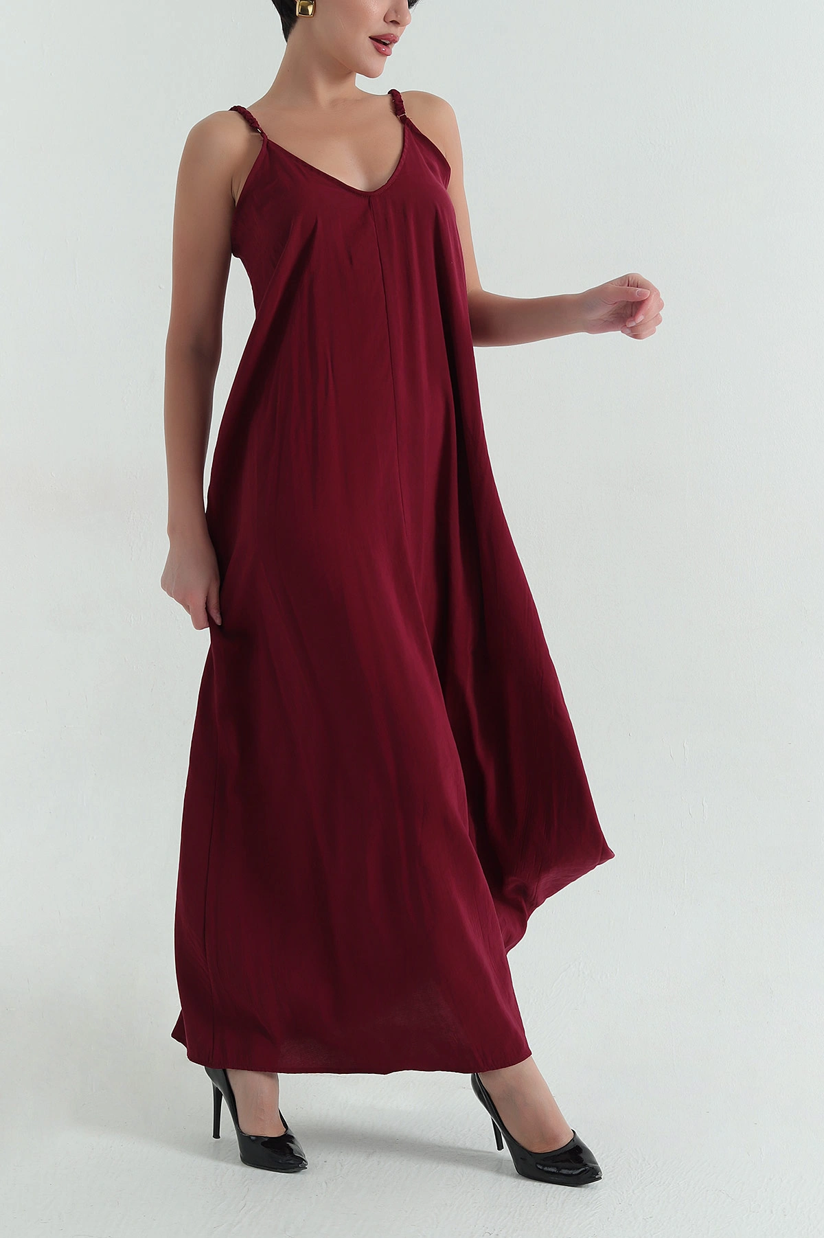 Bordo V Yaka Modal Kadın Elbise 362079