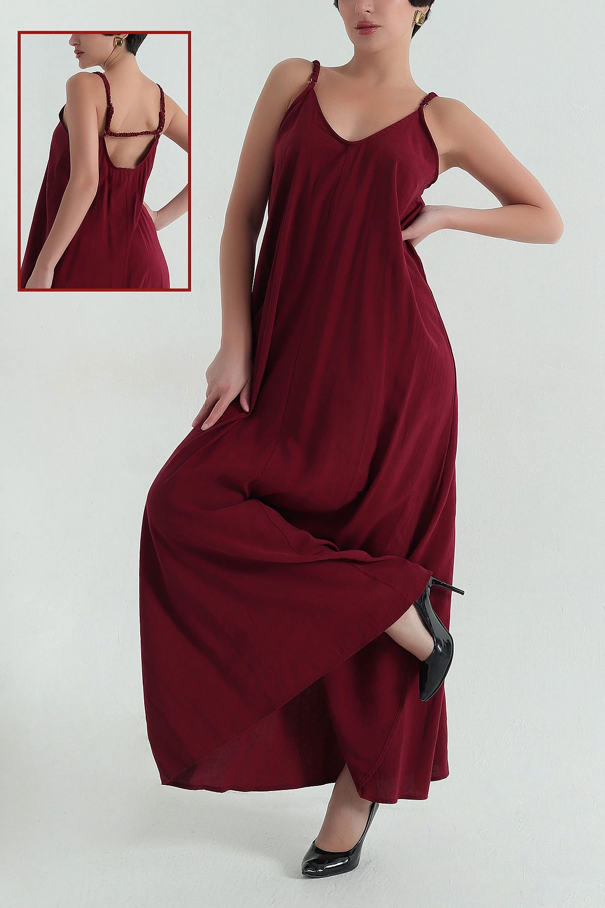 Bordo V Yaka Modal Kadın Elbise 362079