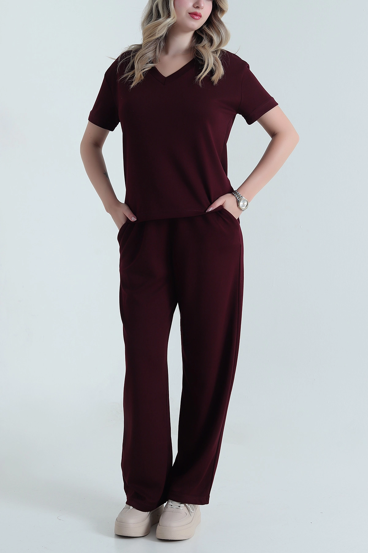 Bordo V Yaka Modal Kadın İkili Takım 478388