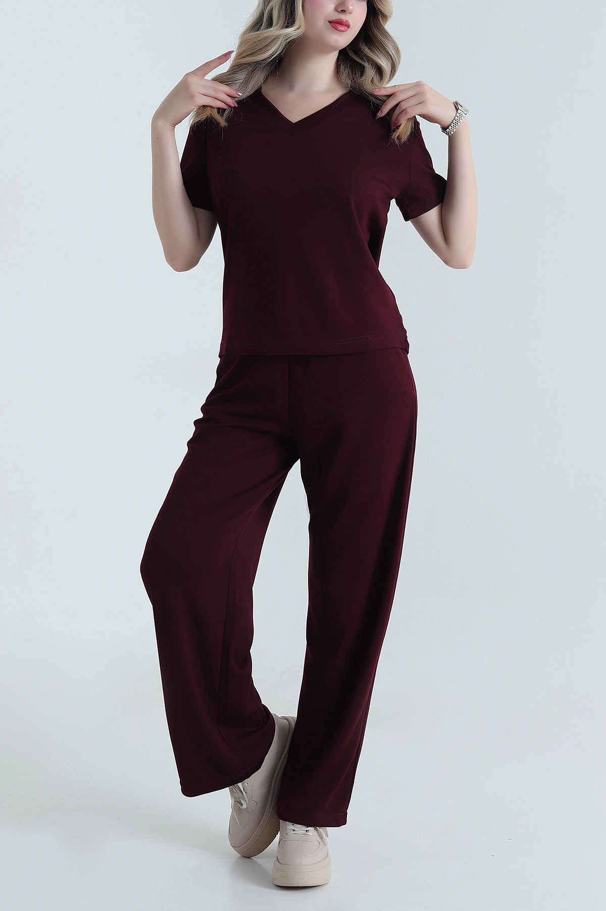 Bordo V Yaka Modal Kadın İkili Takım 478388