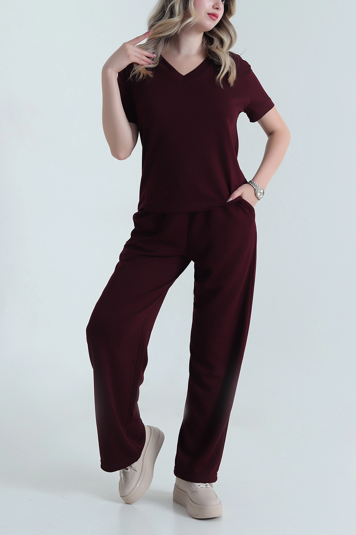 Bordo V Yaka Modal Kadın İkili Takım 478388