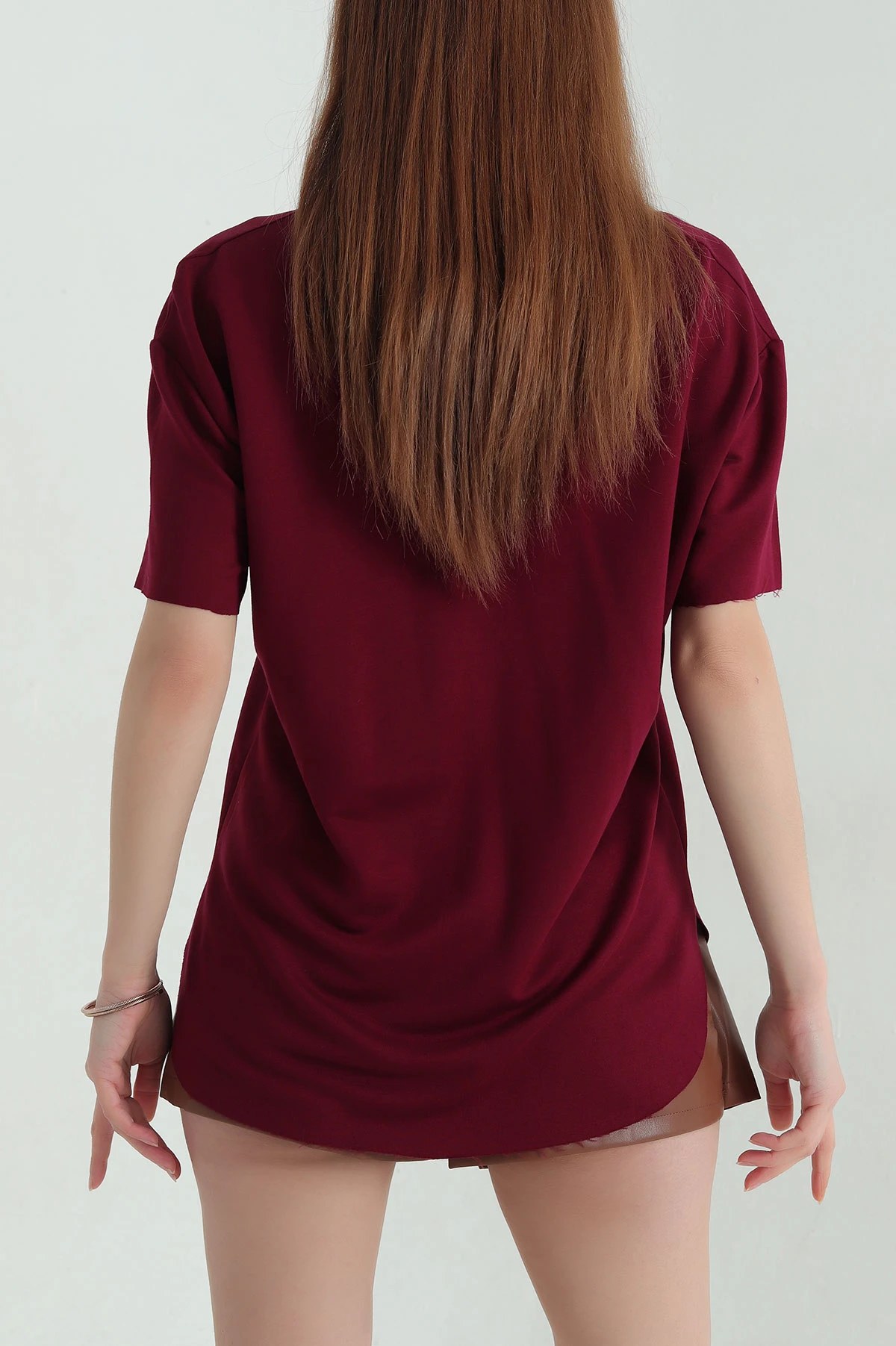 Bordo V Yaka Modal Kadın Tişört 360680