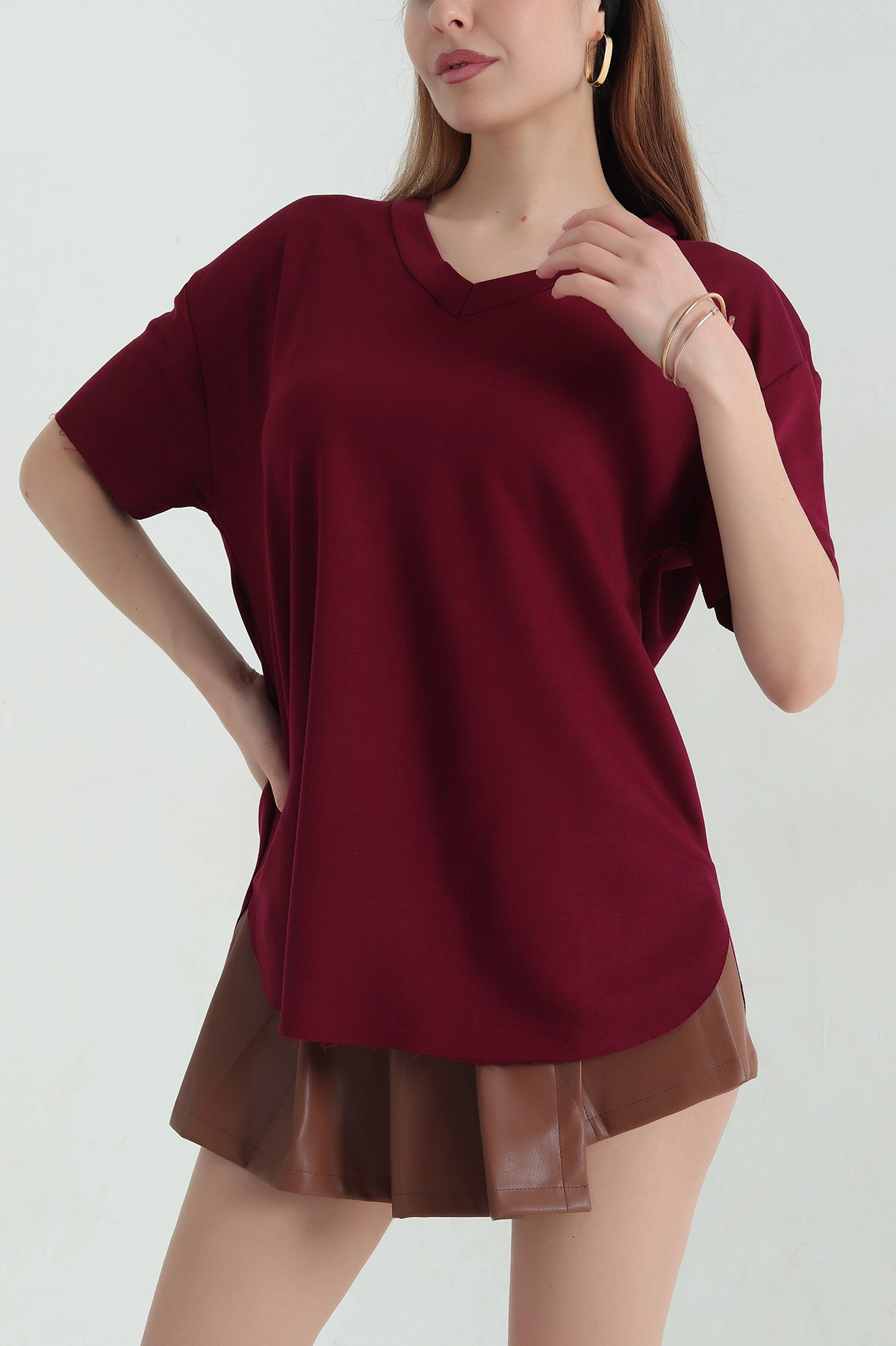 Bordo V Yaka Modal Kadın Tişört 360680