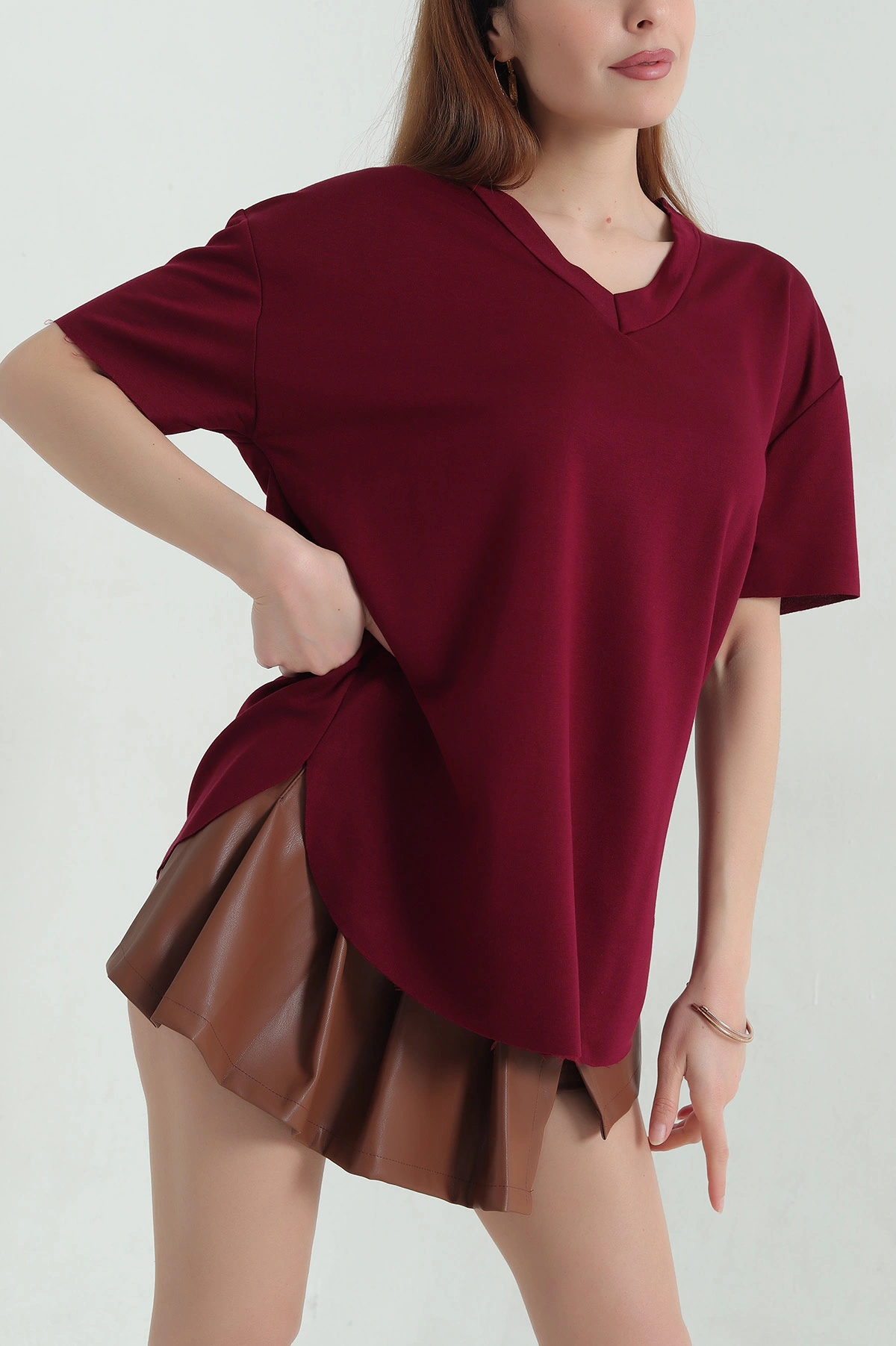 Bordo V Yaka Modal Kadın Tişört 360680