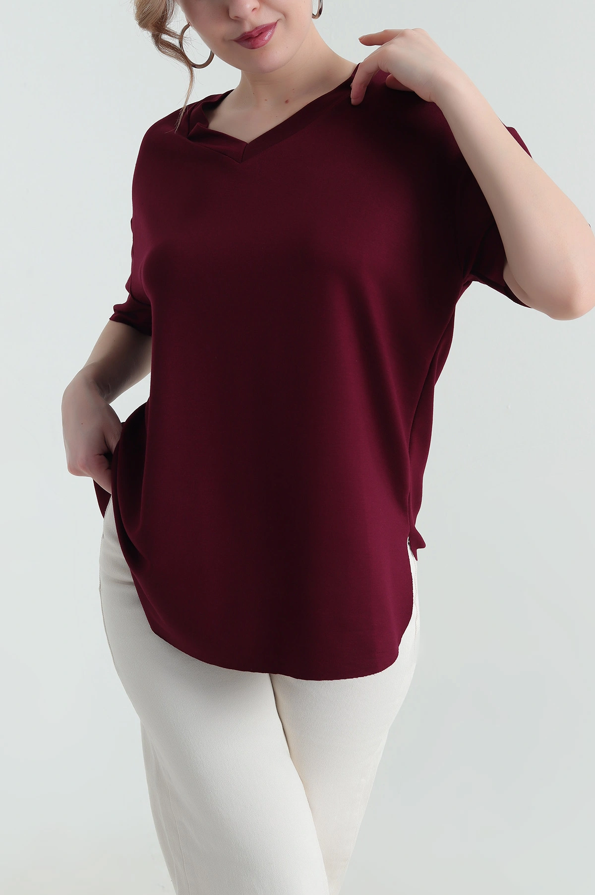 Bordo V Yaka Oval Kesim Oysho Kadın Bluz 433836