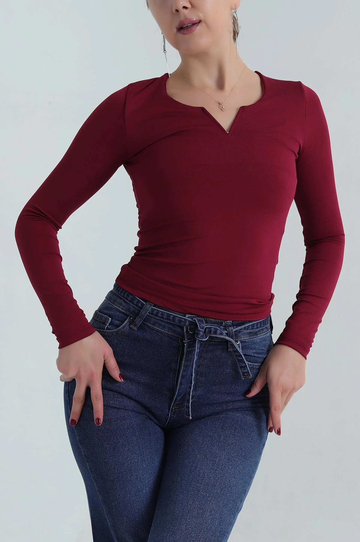 Bordo V Yaka Sandy Kadın Bluz 404888