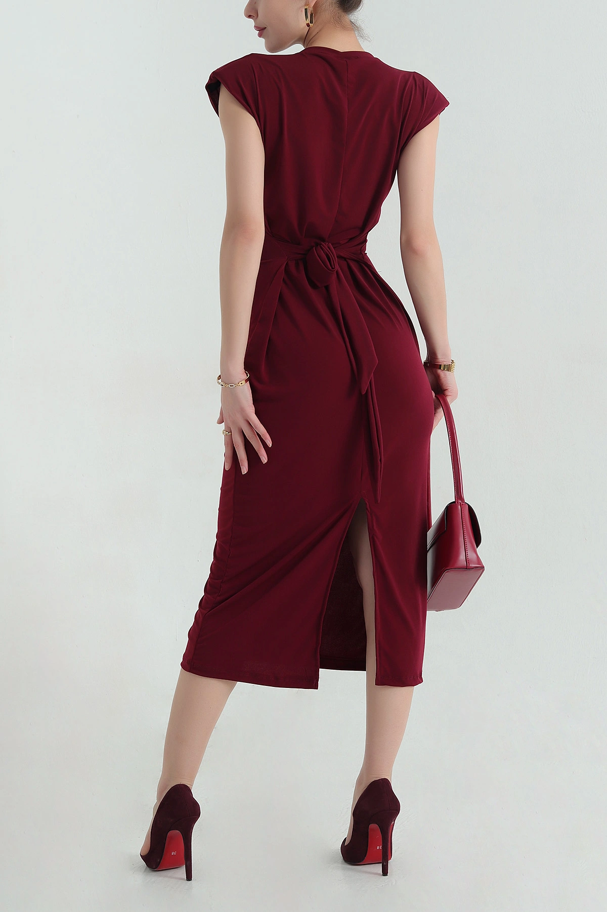 Bordo Vatkalı Belden Bağlamalı Sendy Elbise 350194