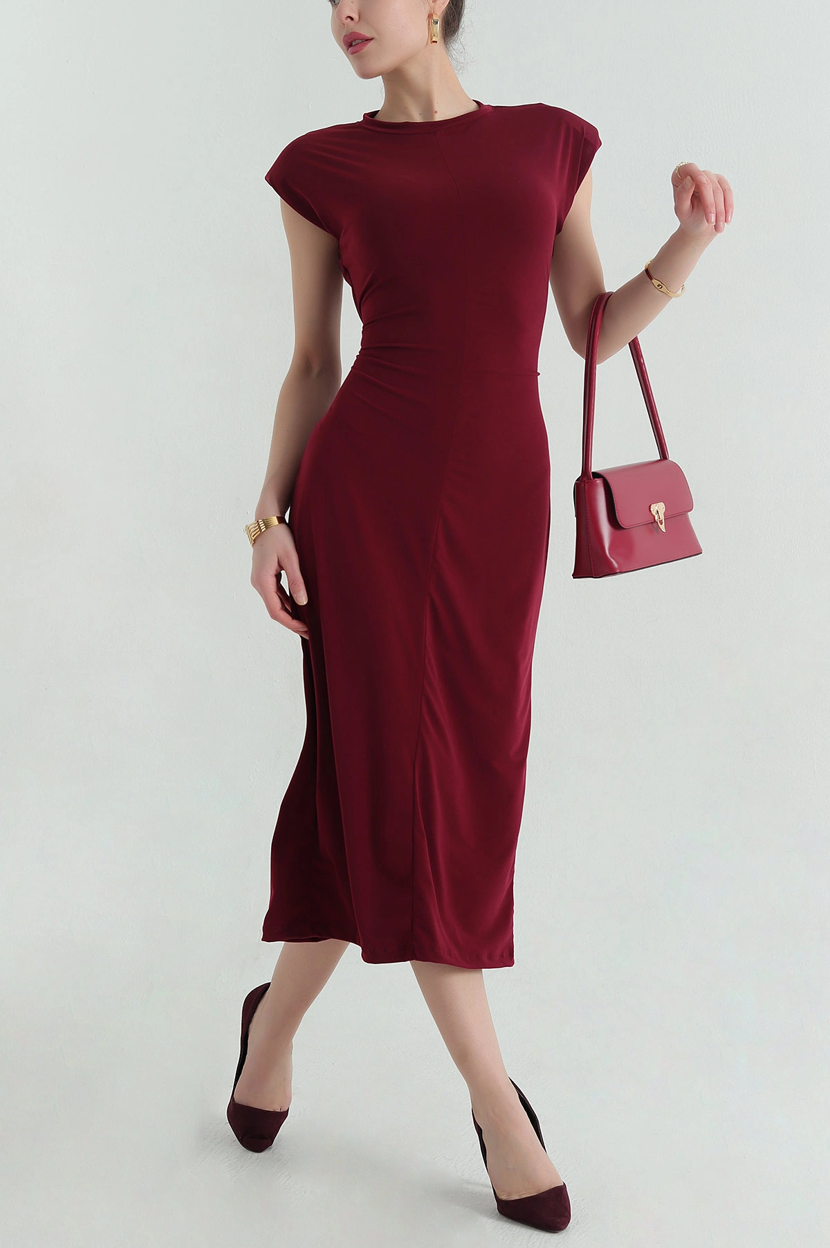 Bordo Vatkalı Belden Bağlamalı Sendy Elbise 350194
