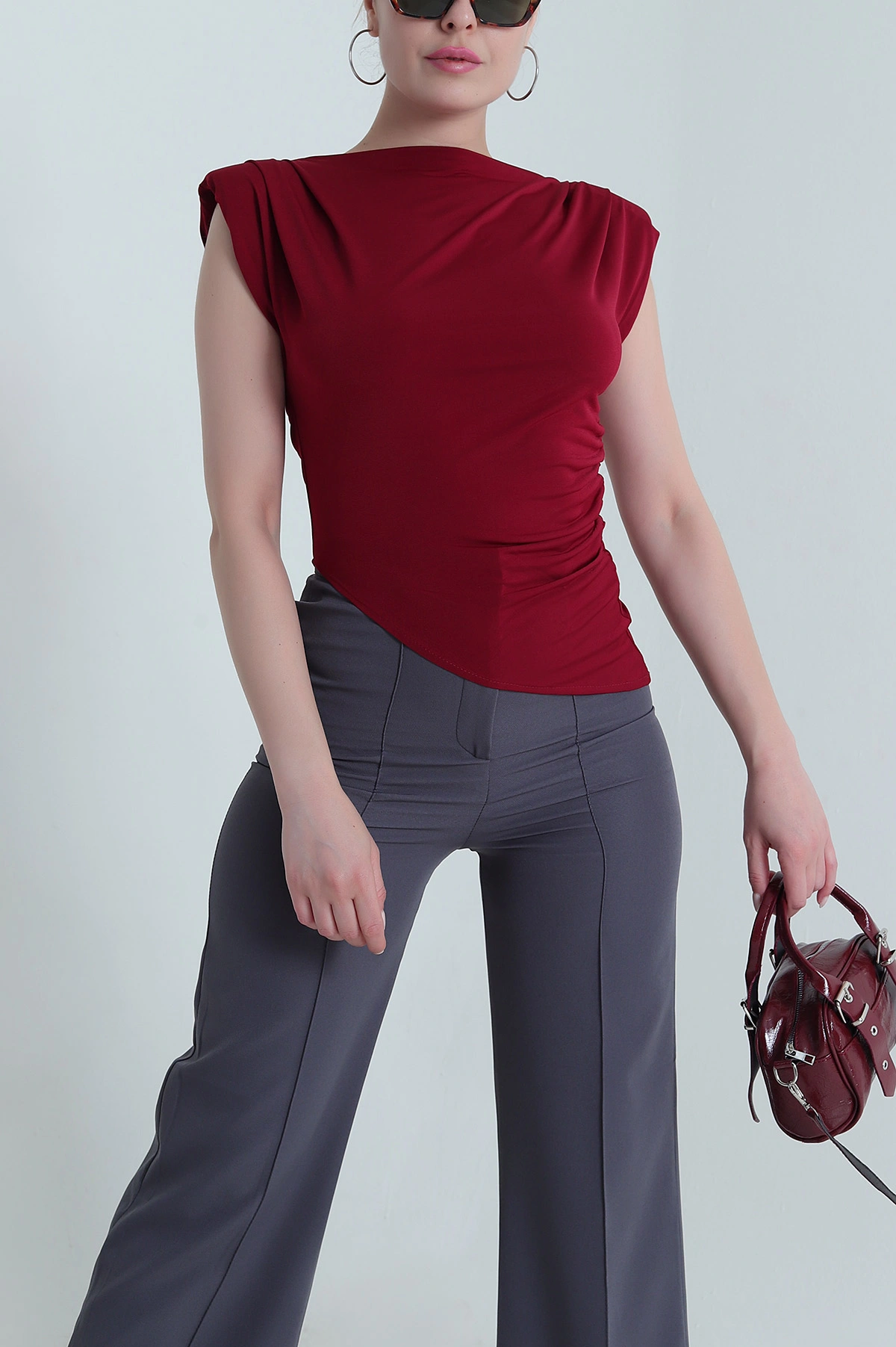Bordo Vatkalı Büzgülü Kadın Bluz 473709