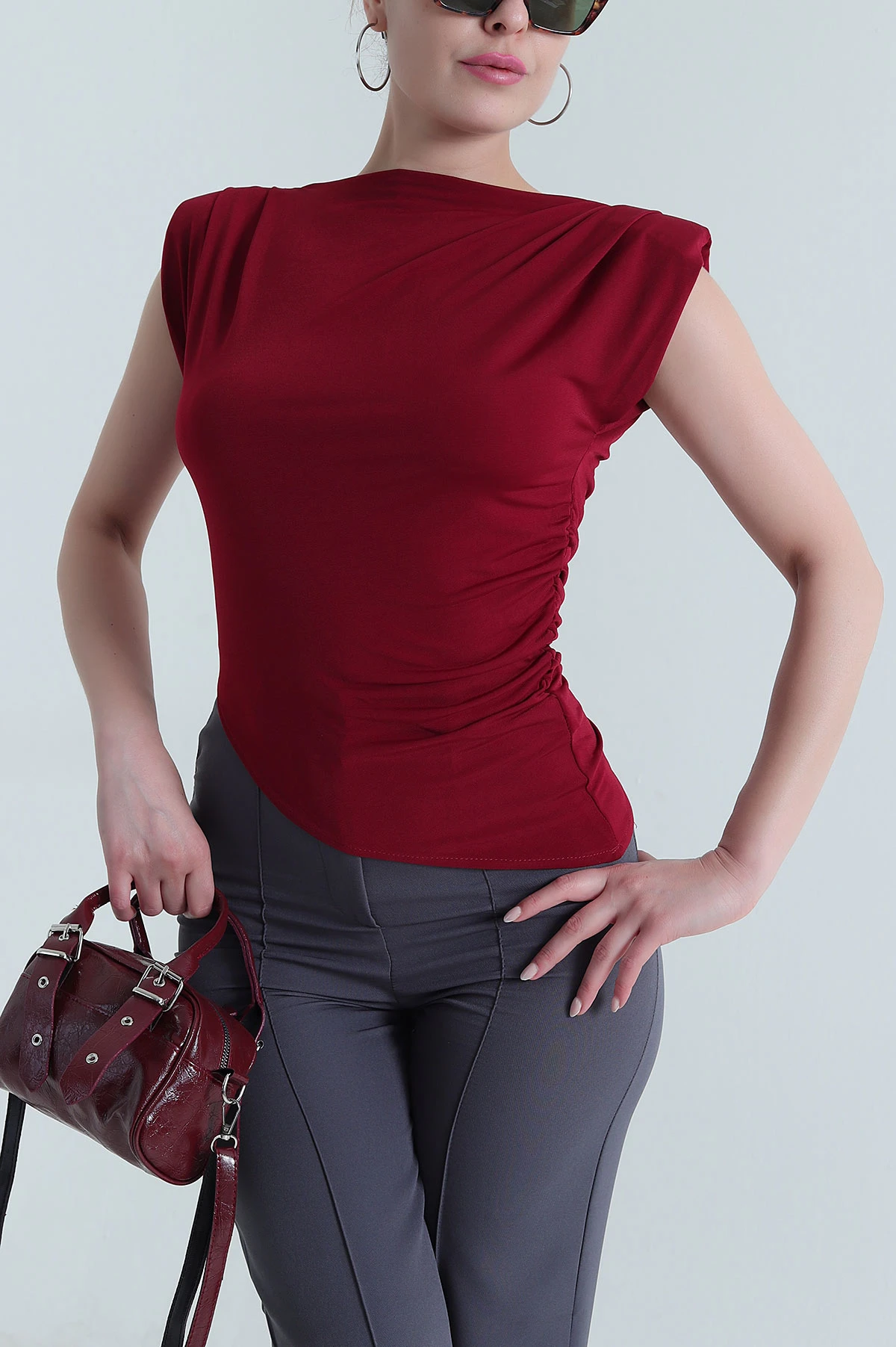 Bordo Vatkalı Büzgülü Kadın Bluz 473709