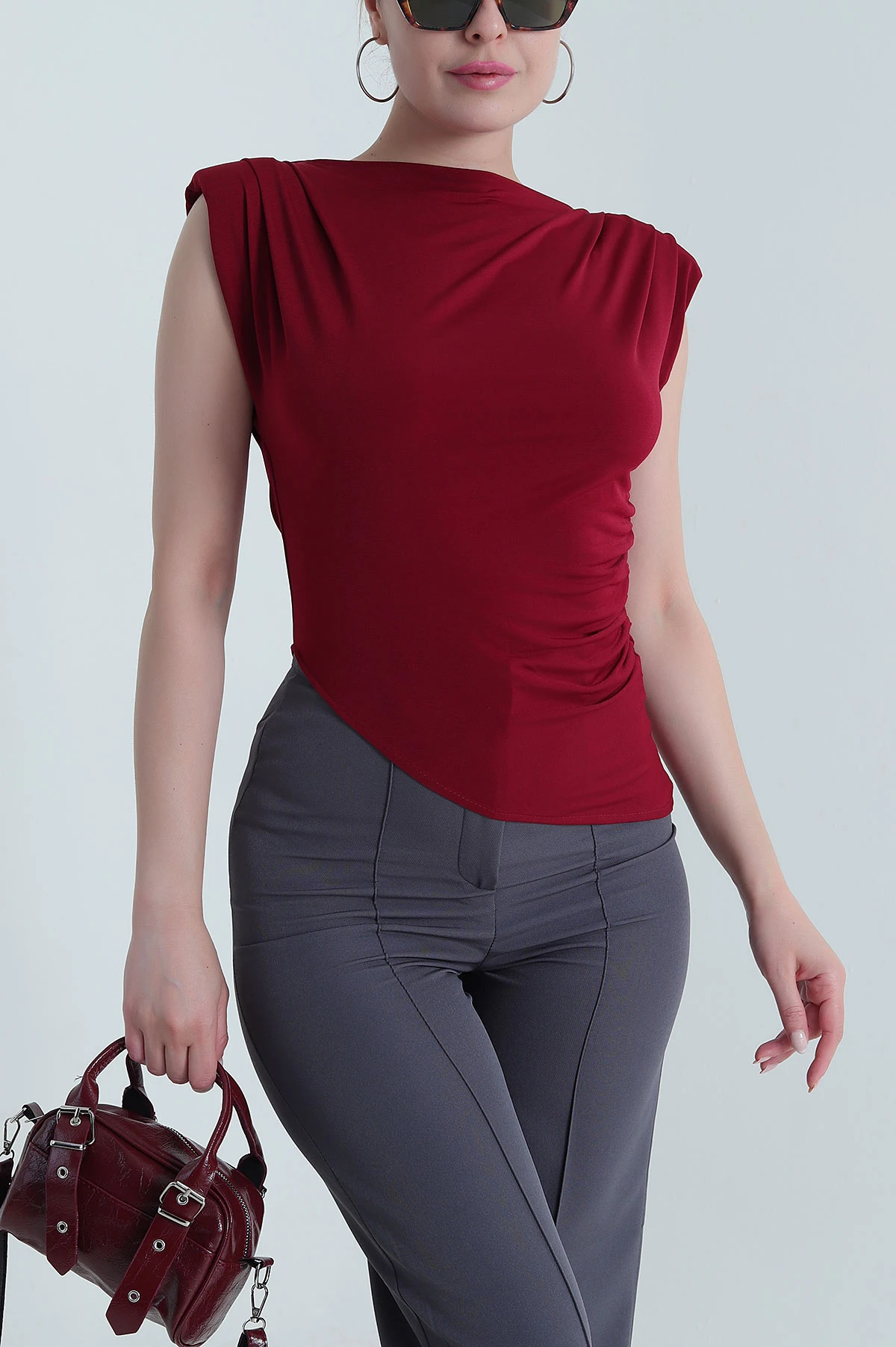 Bordo Vatkalı Büzgülü Kadın Bluz 473709