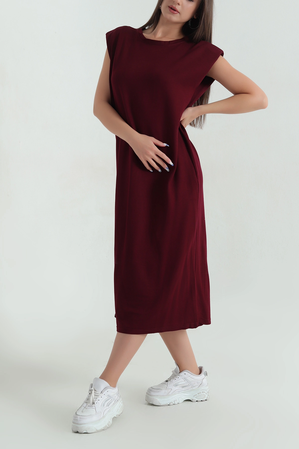 Bordo Vatkalı Kristal Kolsuz Kadın Elbise 372736
