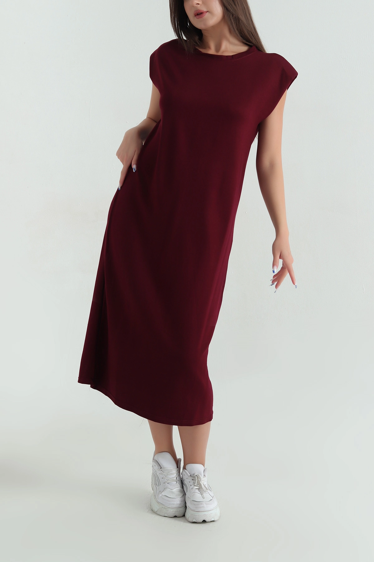 Bordo Vatkalı Kristal Kolsuz Kadın Elbise 372736