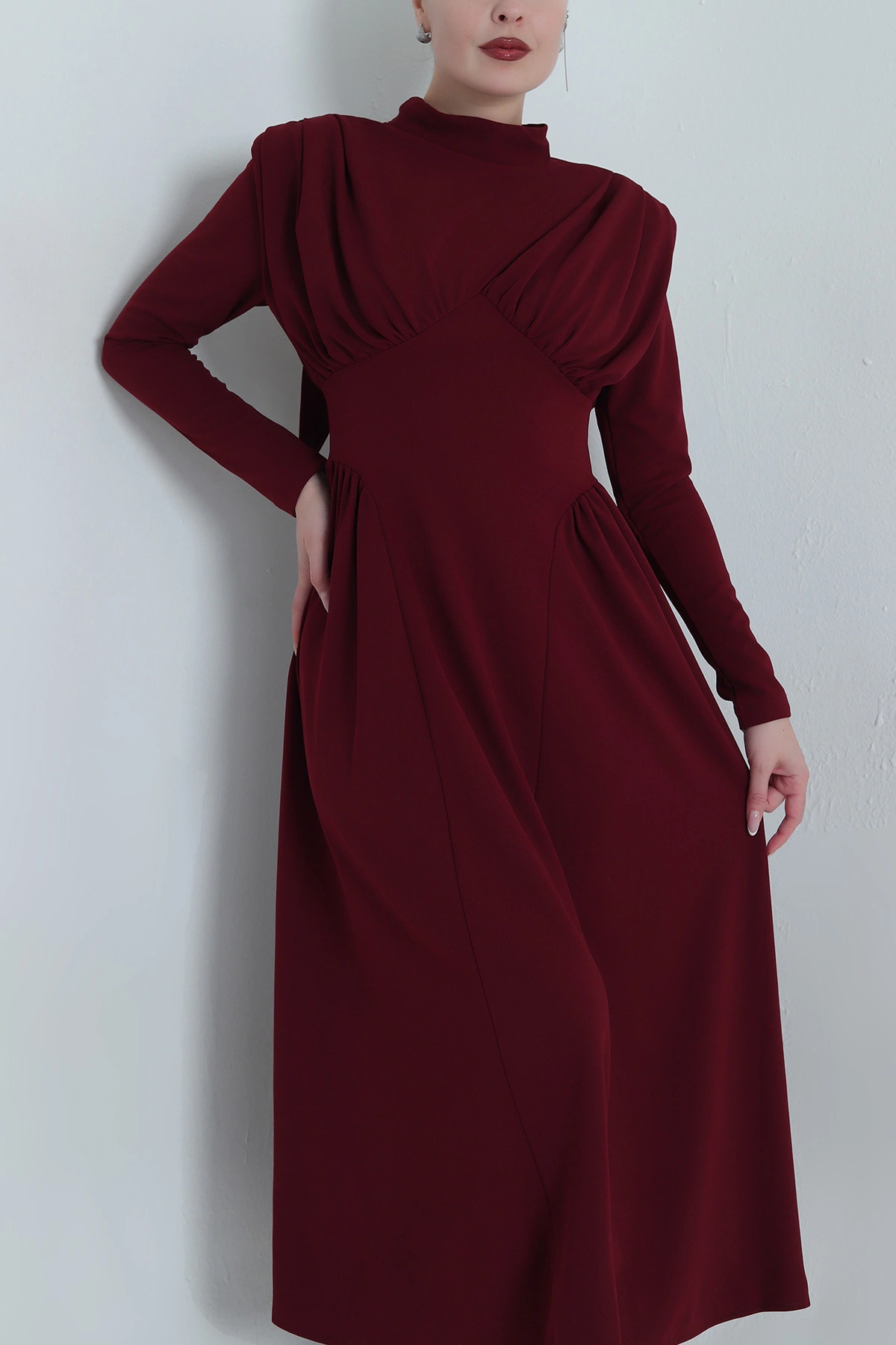 Bordo Vatkalı Scuba Crep Kadın Elbise 491864