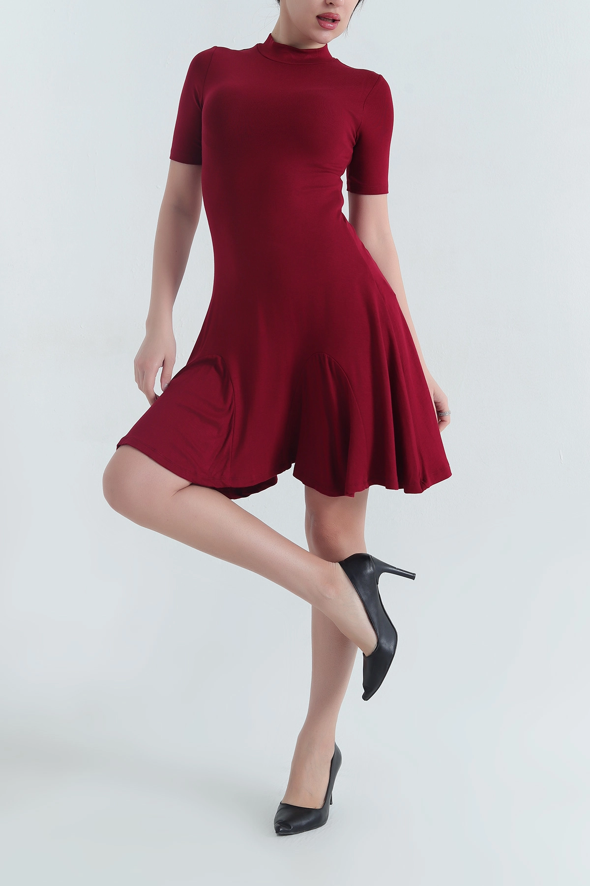 Bordo Viskon Çilek Kumaş Likralı Kadın Elbise 342784
