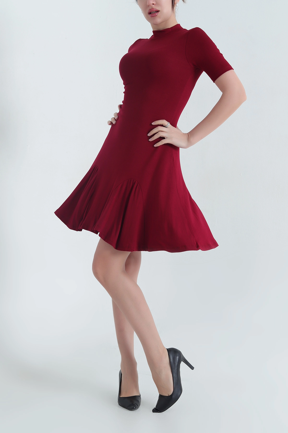 Bordo Viskon Çilek Kumaş Likralı Kadın Elbise 342784