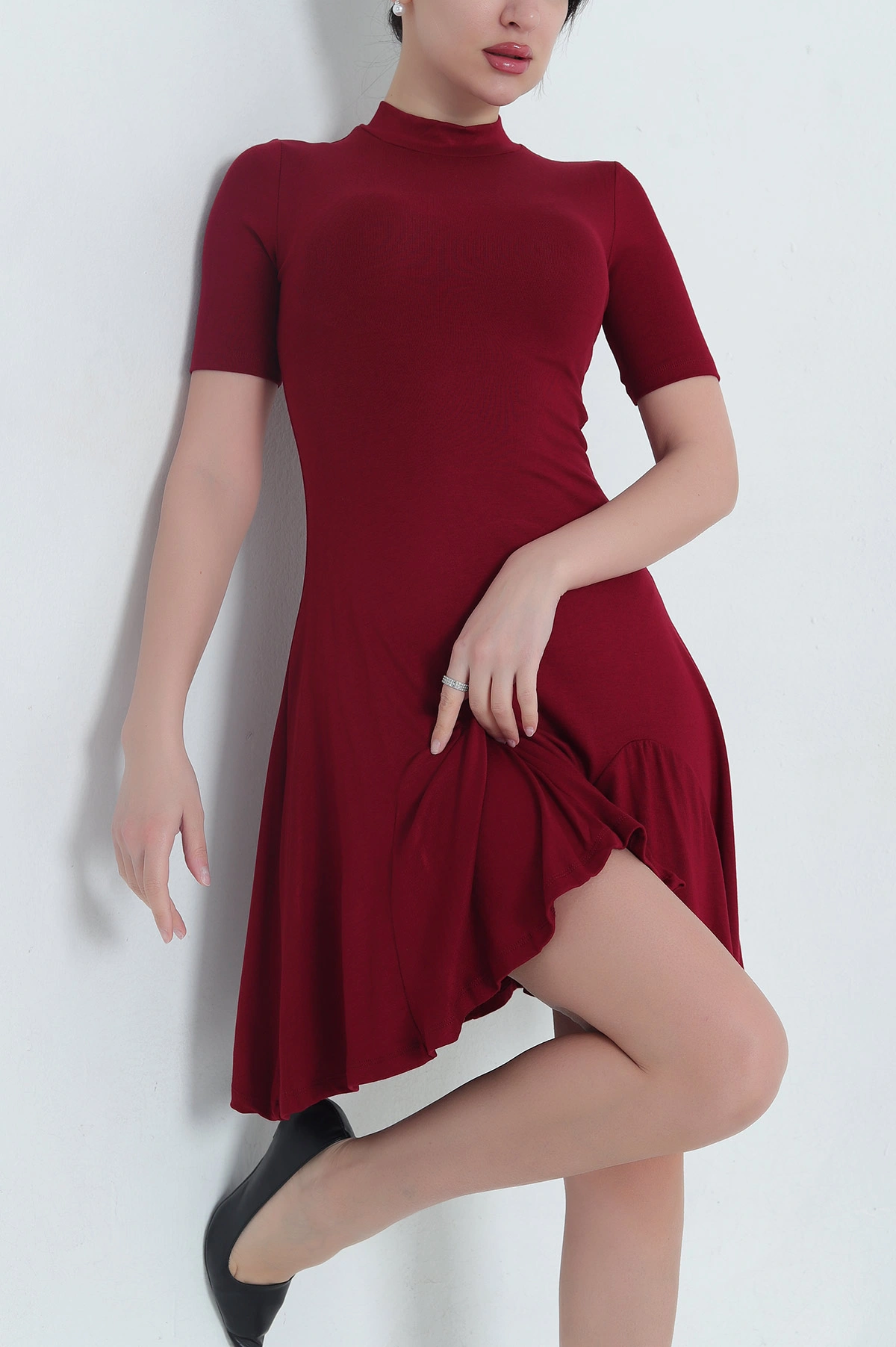 Bordo Viskon Çilek Kumaş Likralı Kadın Elbise 342784