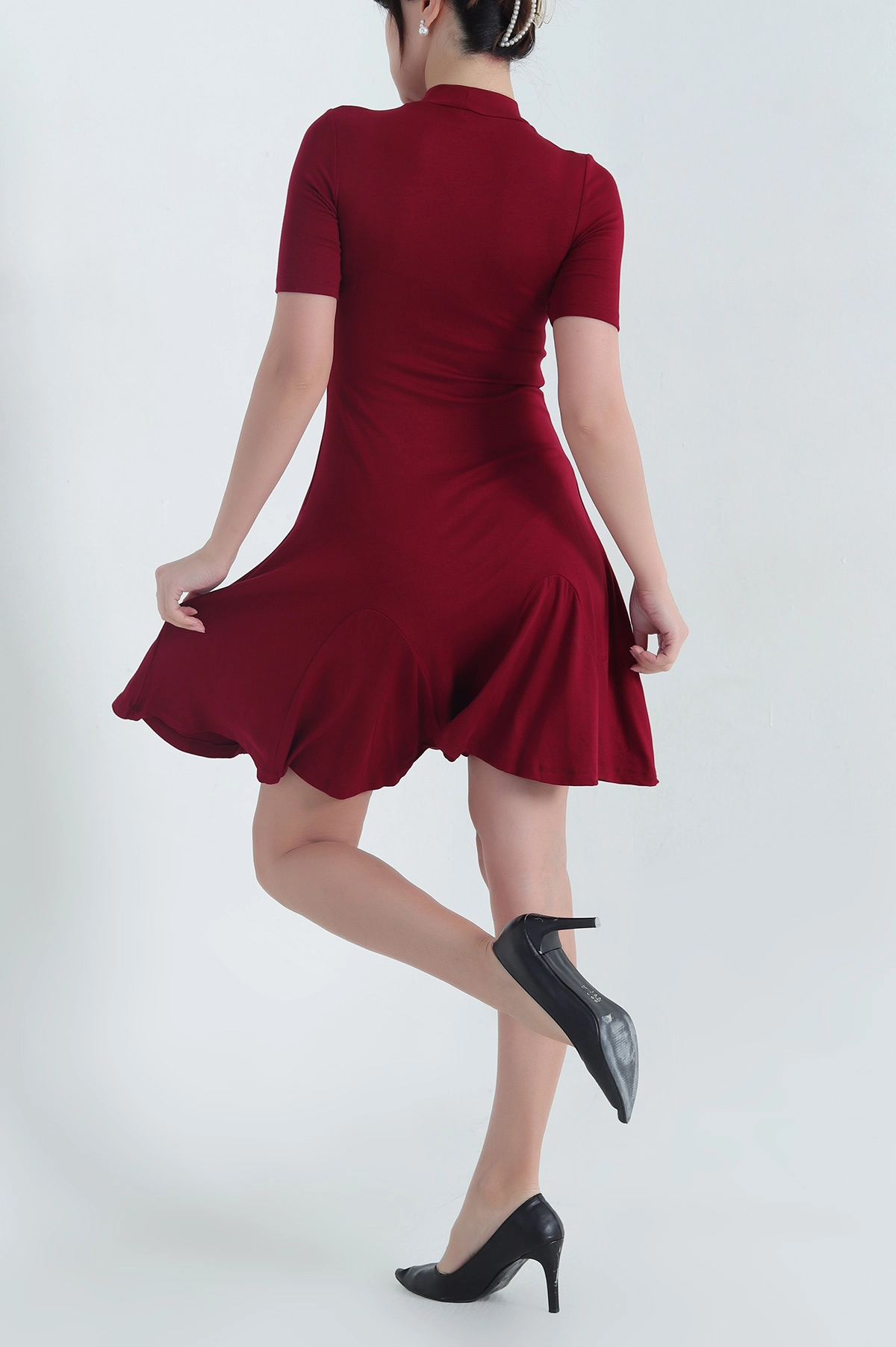 Bordo Viskon Çilek Kumaş Likralı Kadın Elbise 342784