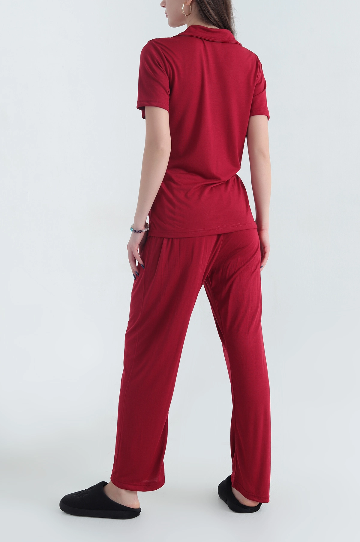Bordo Viskon Düğmeli Kadın Pijama Takımı 341724