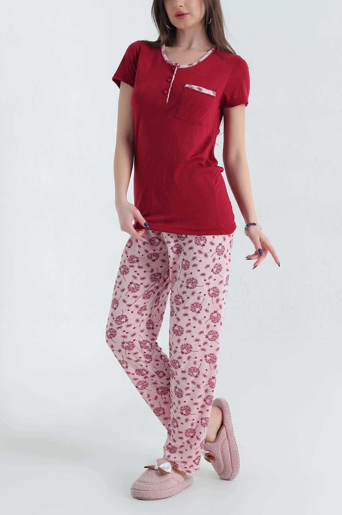 Bordo Viskon Kısa Kol Bayan Pijama Takımı 338230