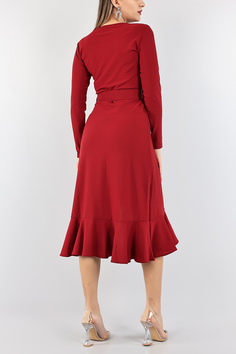 Bordo Volanlı Kruvaze Elbise 96053