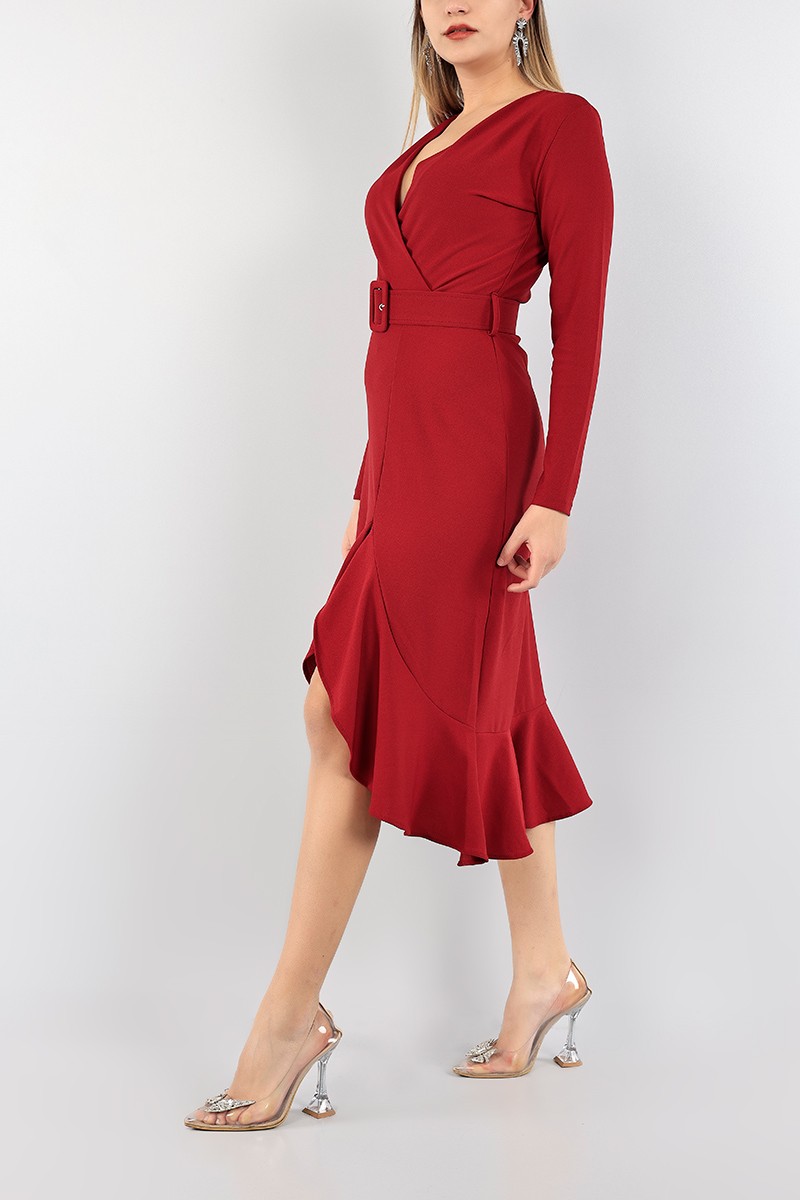 Bordo Volanlı Kruvaze Elbise 96053
