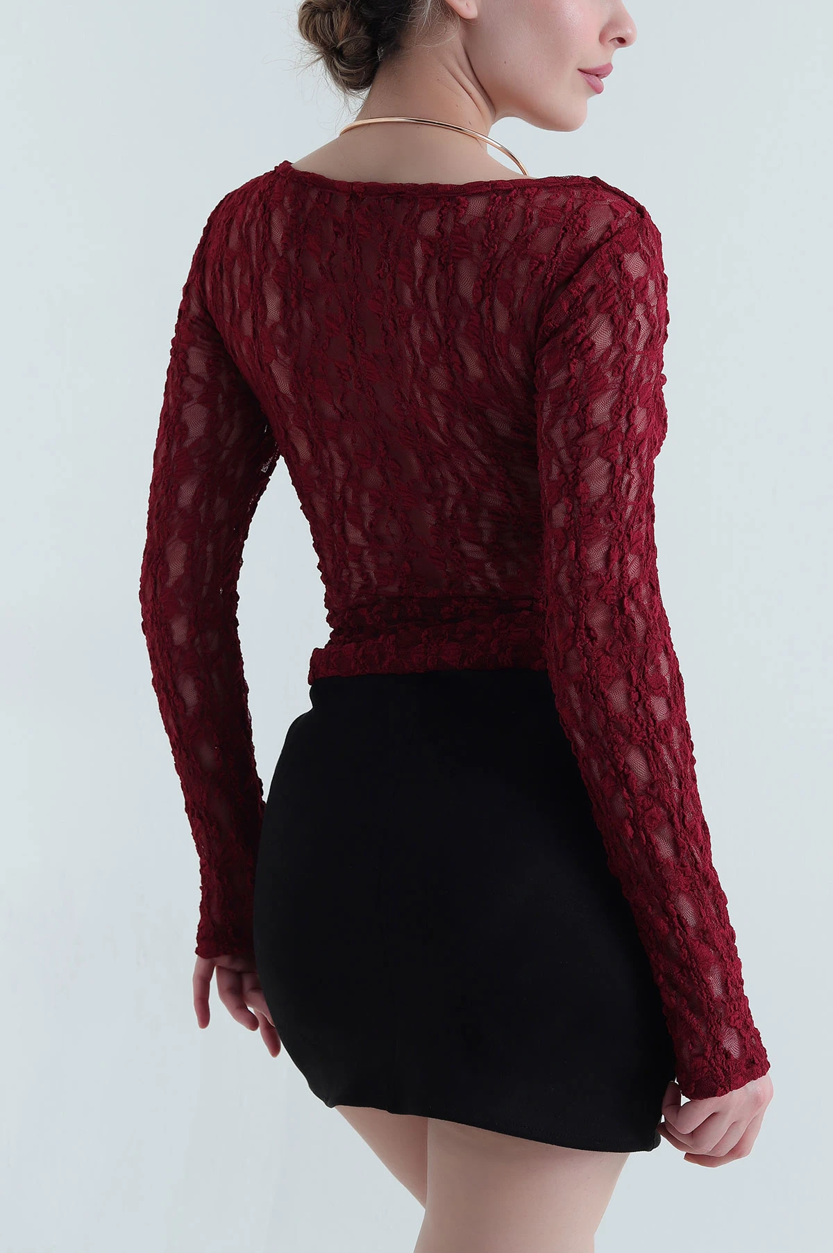 Bordo Yaka Ay Aks Kadın Dantel Bluz 446242