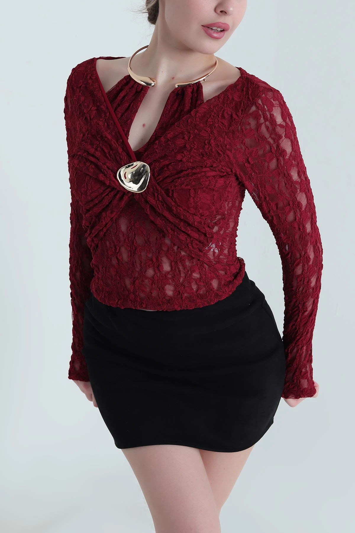 Bordo Yaka Ay Aks Kadın Dantel Bluz 446242
