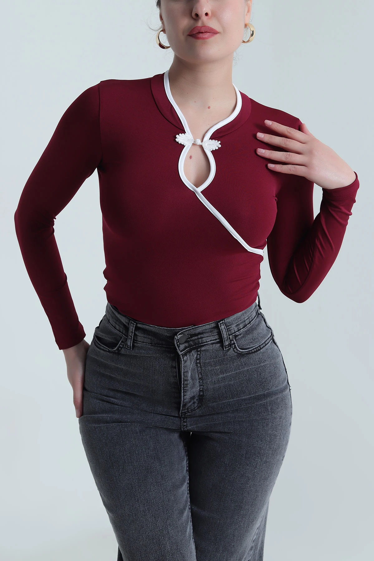 Bordo Yaka Detay Dalgıç Kadın Bluz 493711