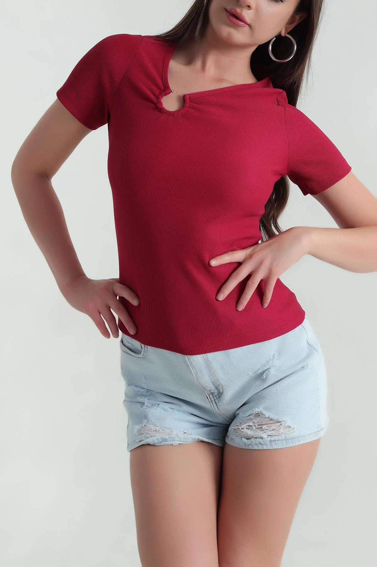 Bordo Yaka Detay Ottoman Likralı Kadın Bluz 360430
