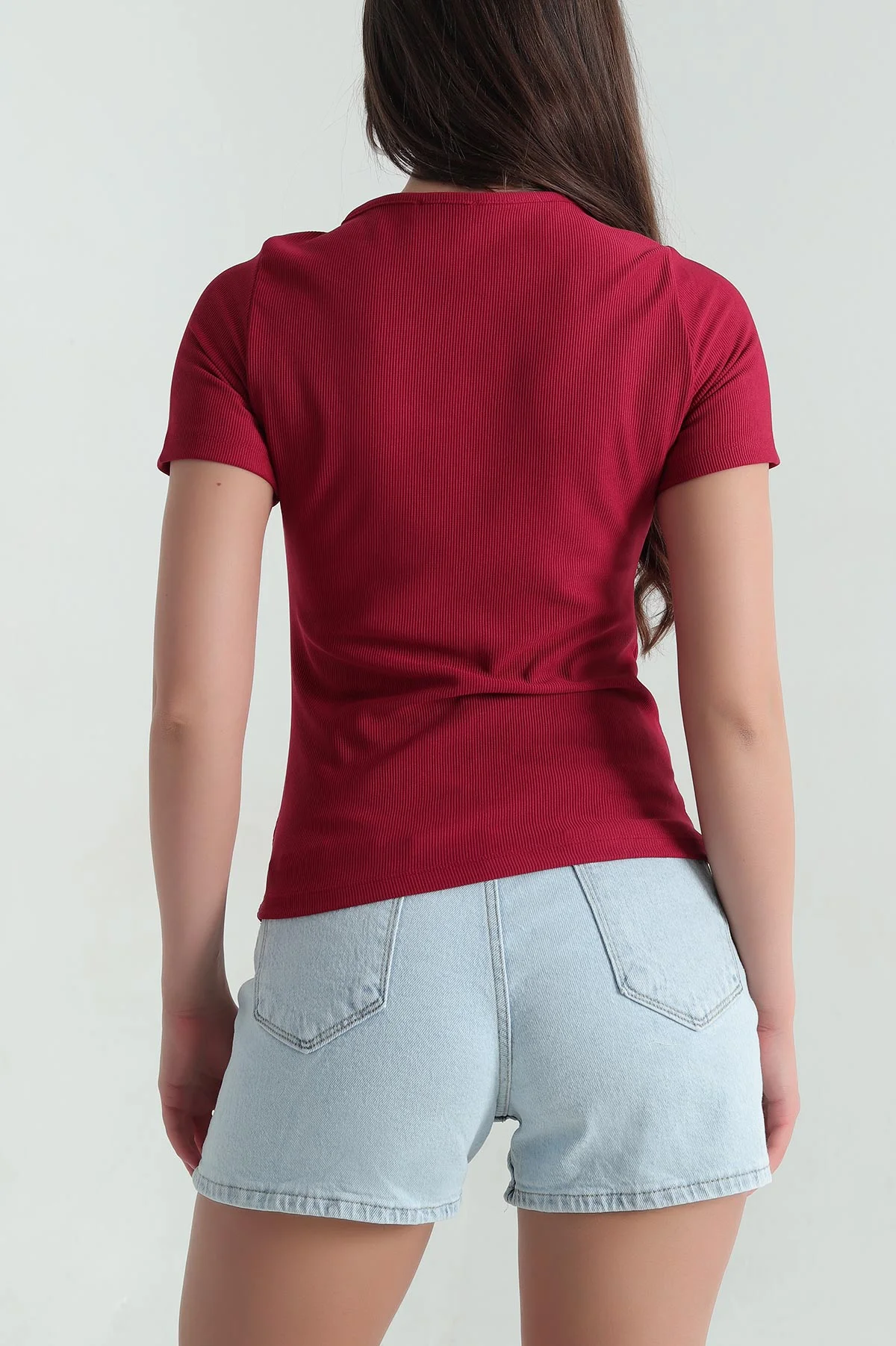 Bordo Yaka Detay Ottoman Likralı Kadın Bluz 360430