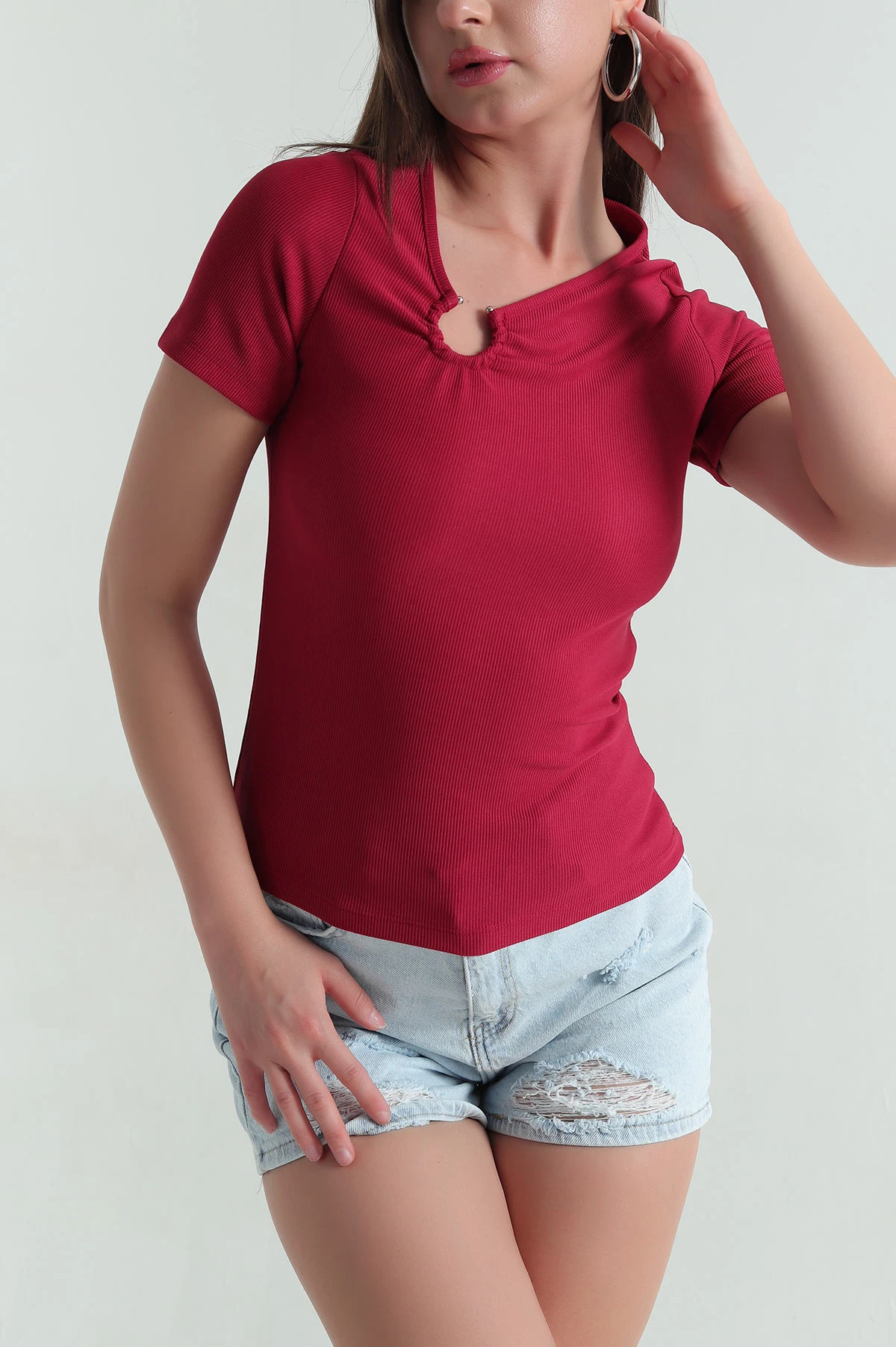 Bordo Yaka Detay Ottoman Likralı Kadın Bluz 360430