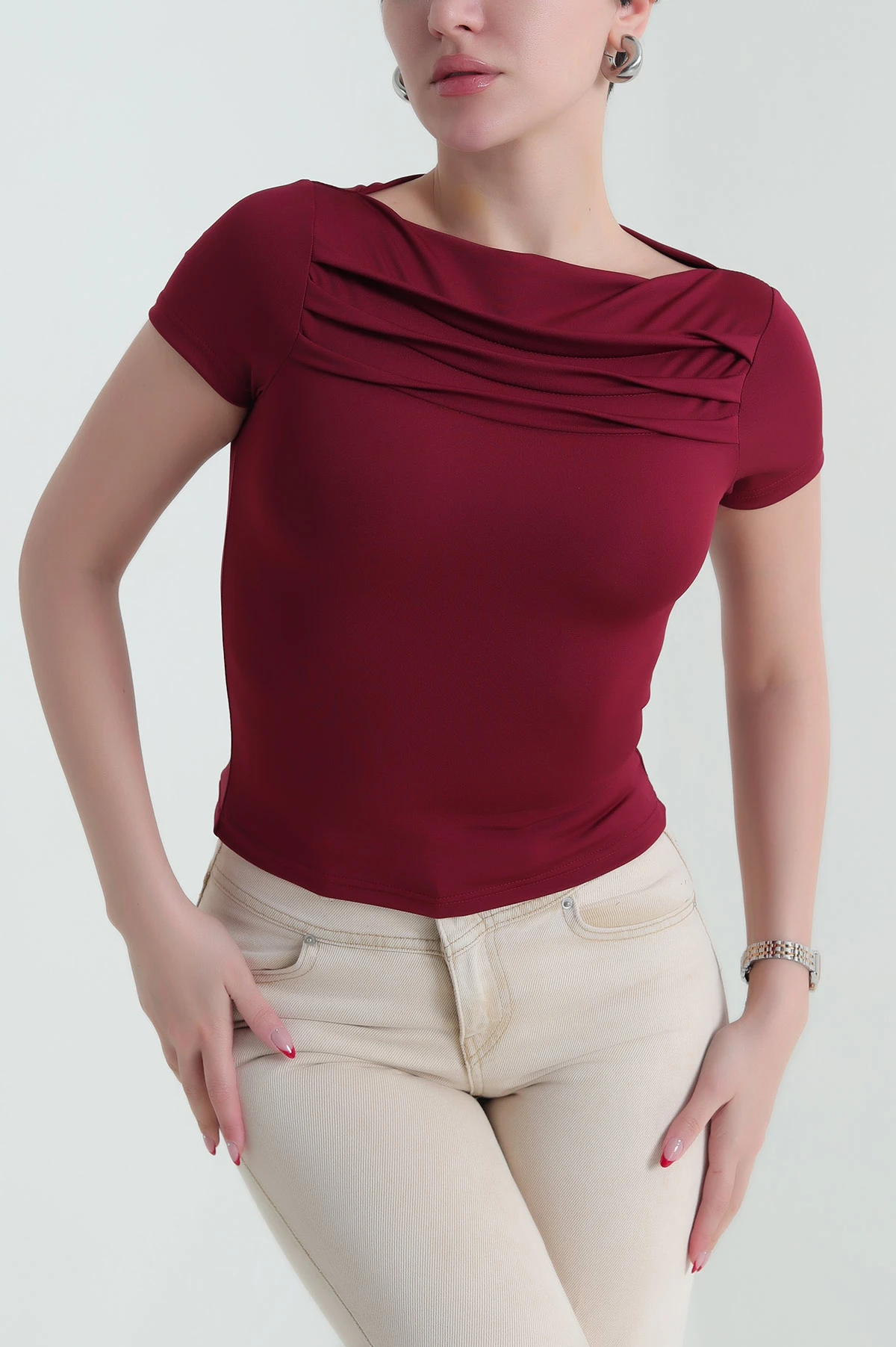 Bordo Yaka Detay Scuba Kadın Bluz 432223