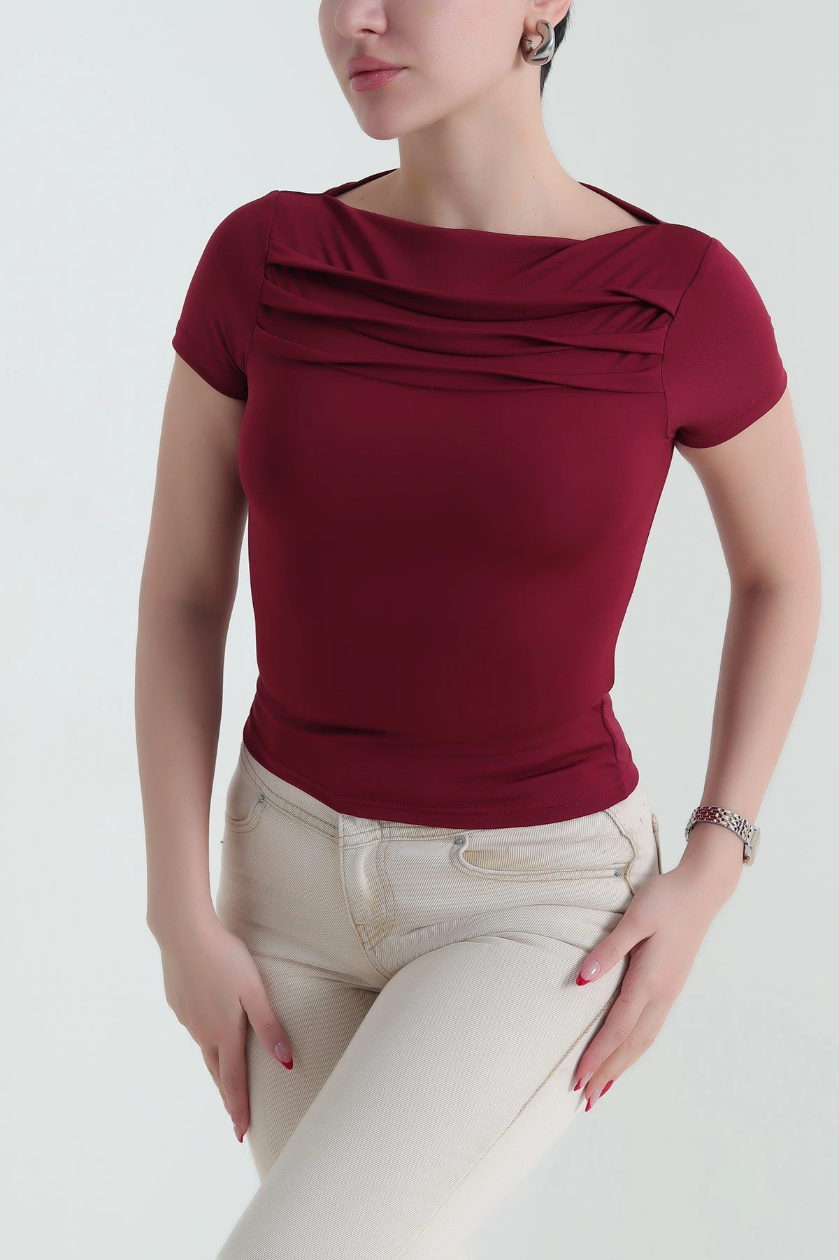 Bordo Yaka Detay Scuba Kadın Bluz 432223