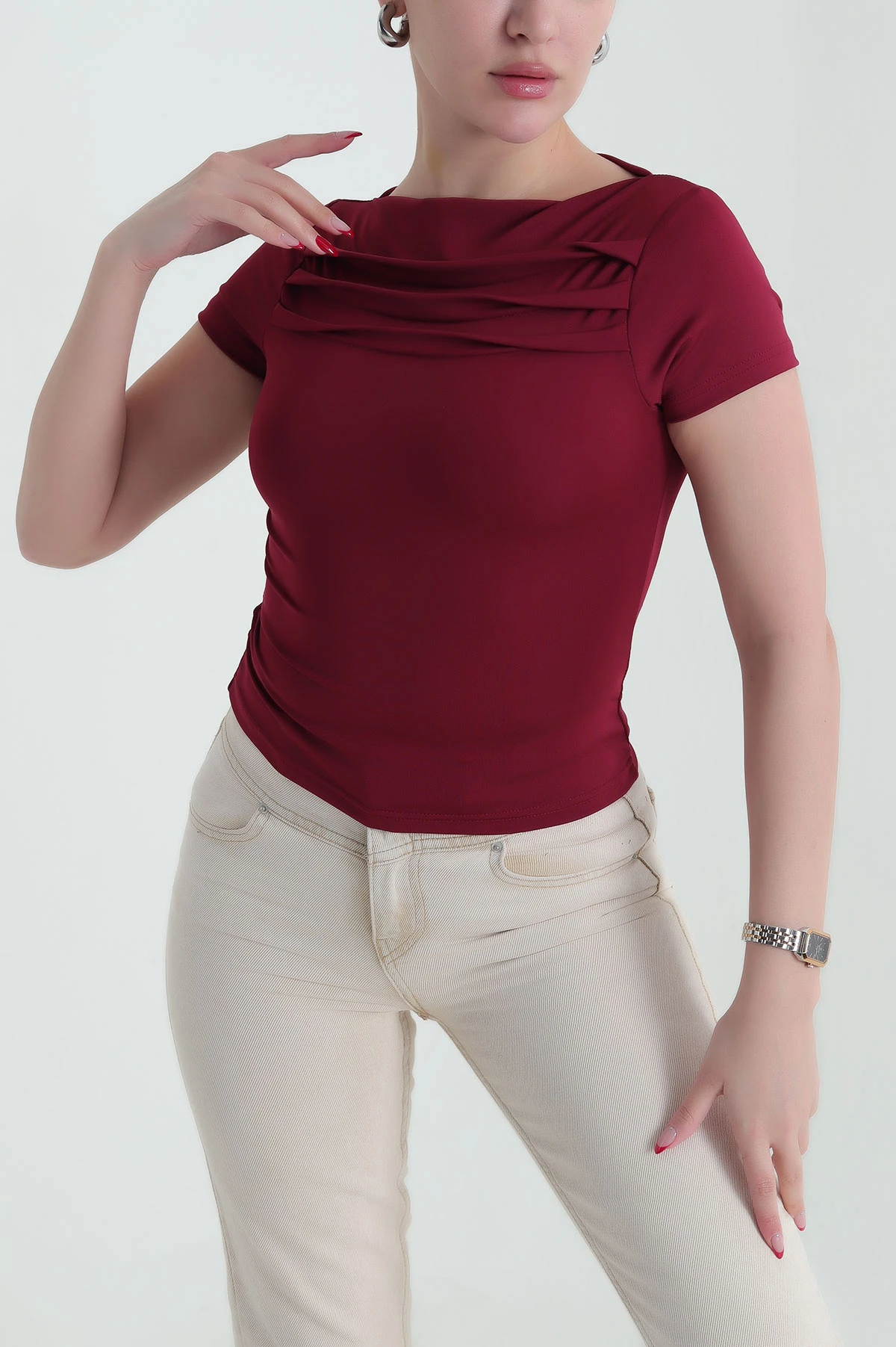 Bordo Yaka Detay Scuba Kadın Bluz 432223