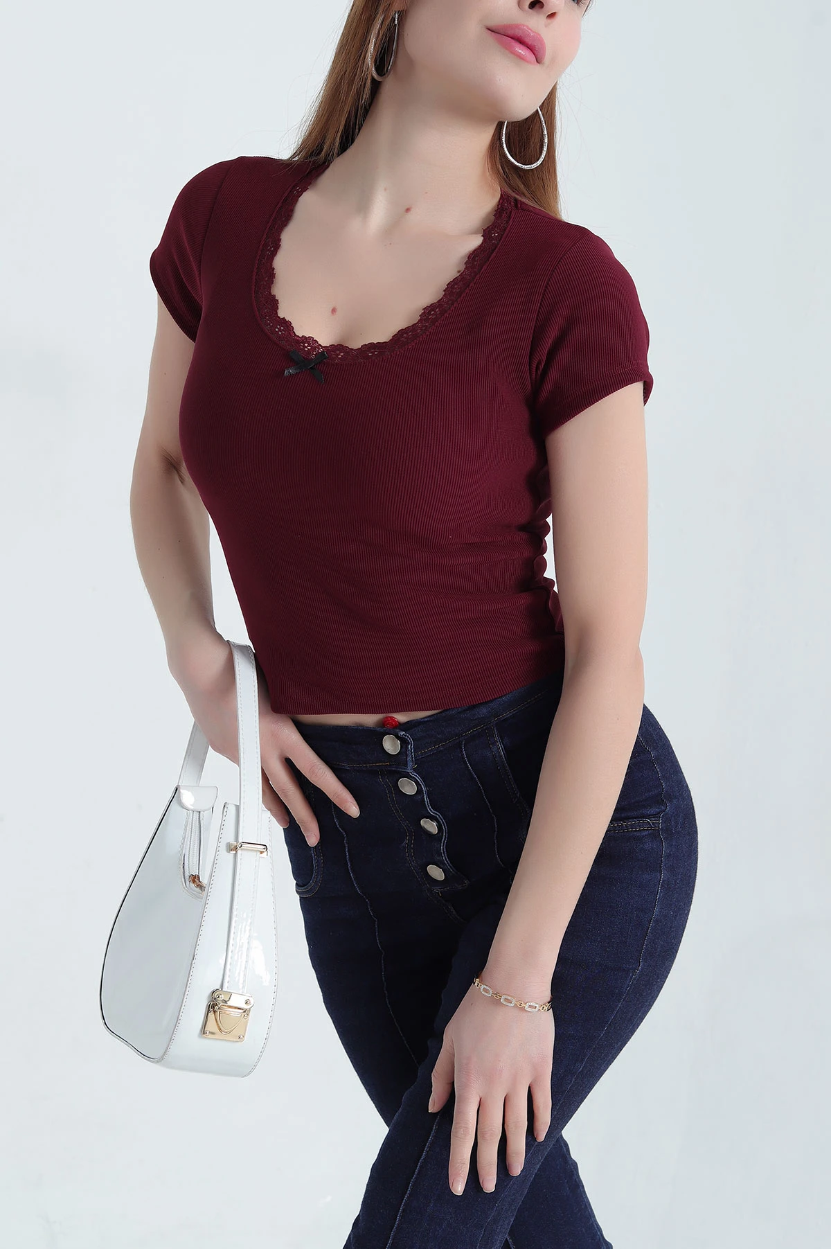 Bordo Yaka Güpürlü Ottoman Bluz 341342